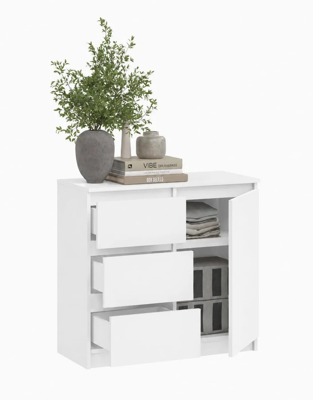Cassettiera moderna credenza multiuso per camera da letto, corridoio, soggiorno, ufficio, bianco, 80 x 97 x 40 cm, 1 ante 3 cassetti)