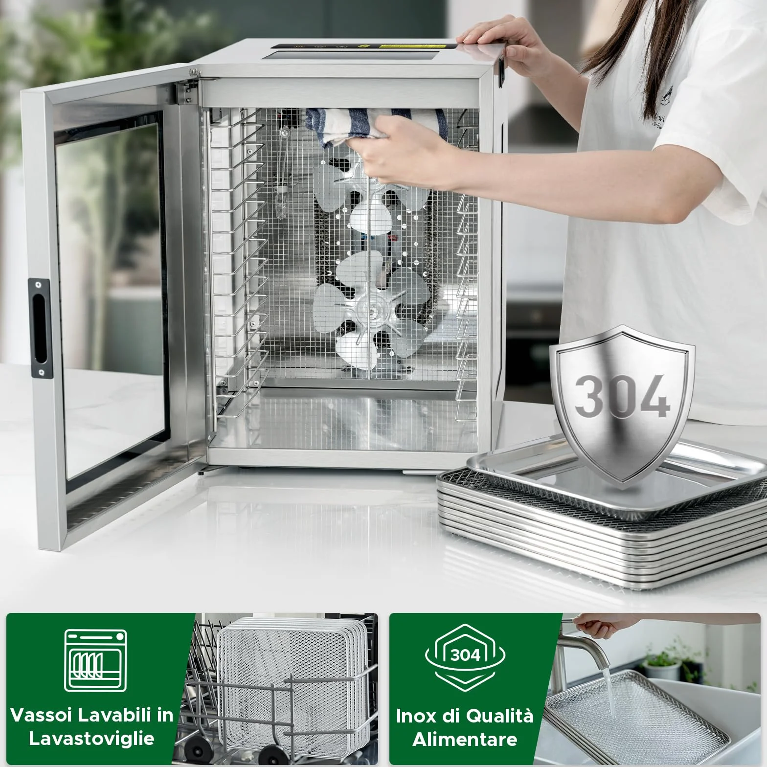 Kwasyo Essiccatore Alimenti 15 Vassoi Inox, 1200W Doppia Ventola, per Carne, Frutta, Snack Cani, Erbe, Temp. Regolabile 90°C, Timer 24H, Finestre Multiple, Essiccazione Potente