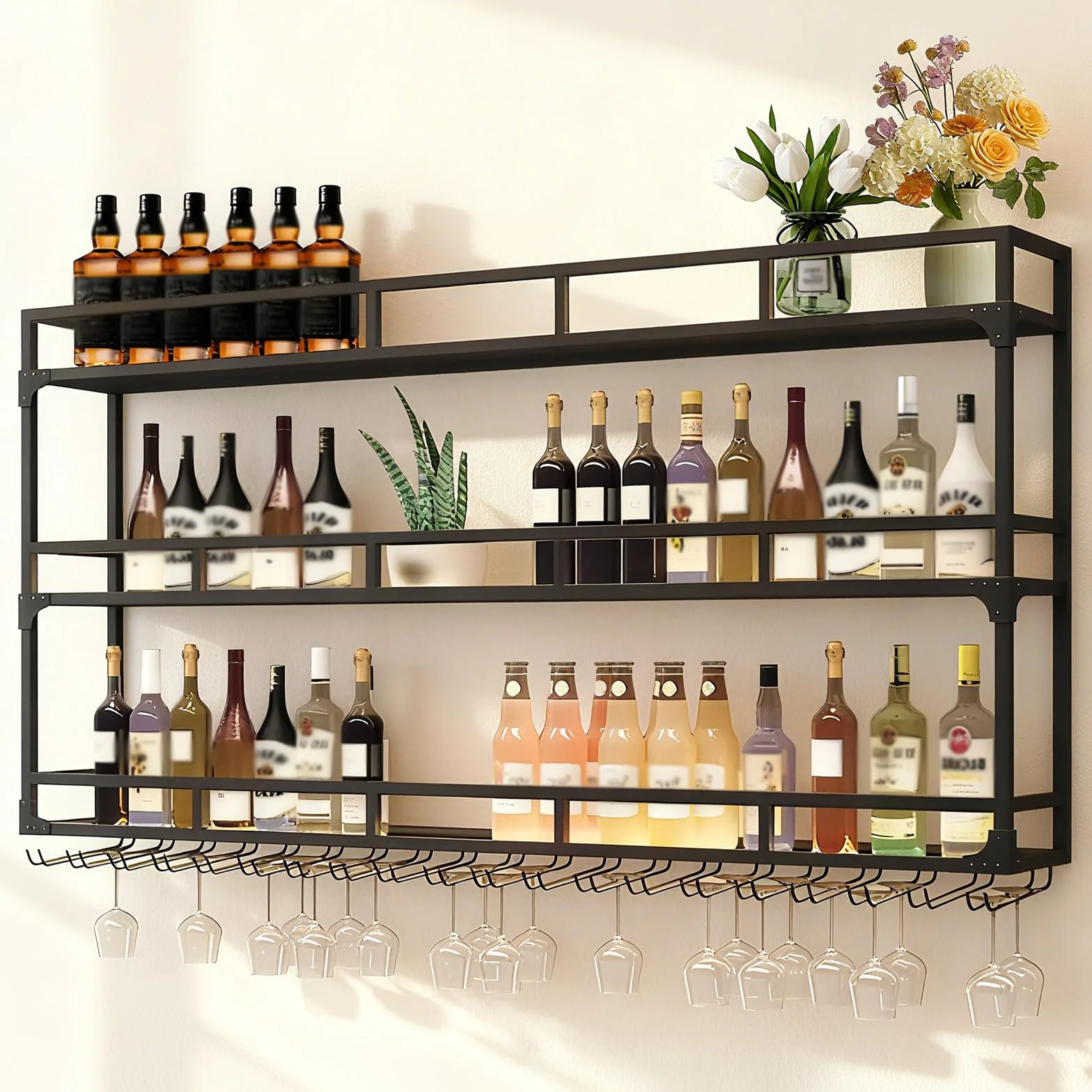 PortabottiglieDa Vino, Portabottiglie Da Parete Con Ripiano Espositivo, 3 Livelli Portabottiglie Da Vino A Parete Per Casa, Bar, Ristorante (BLACK, 100 * 25 * 90CM)