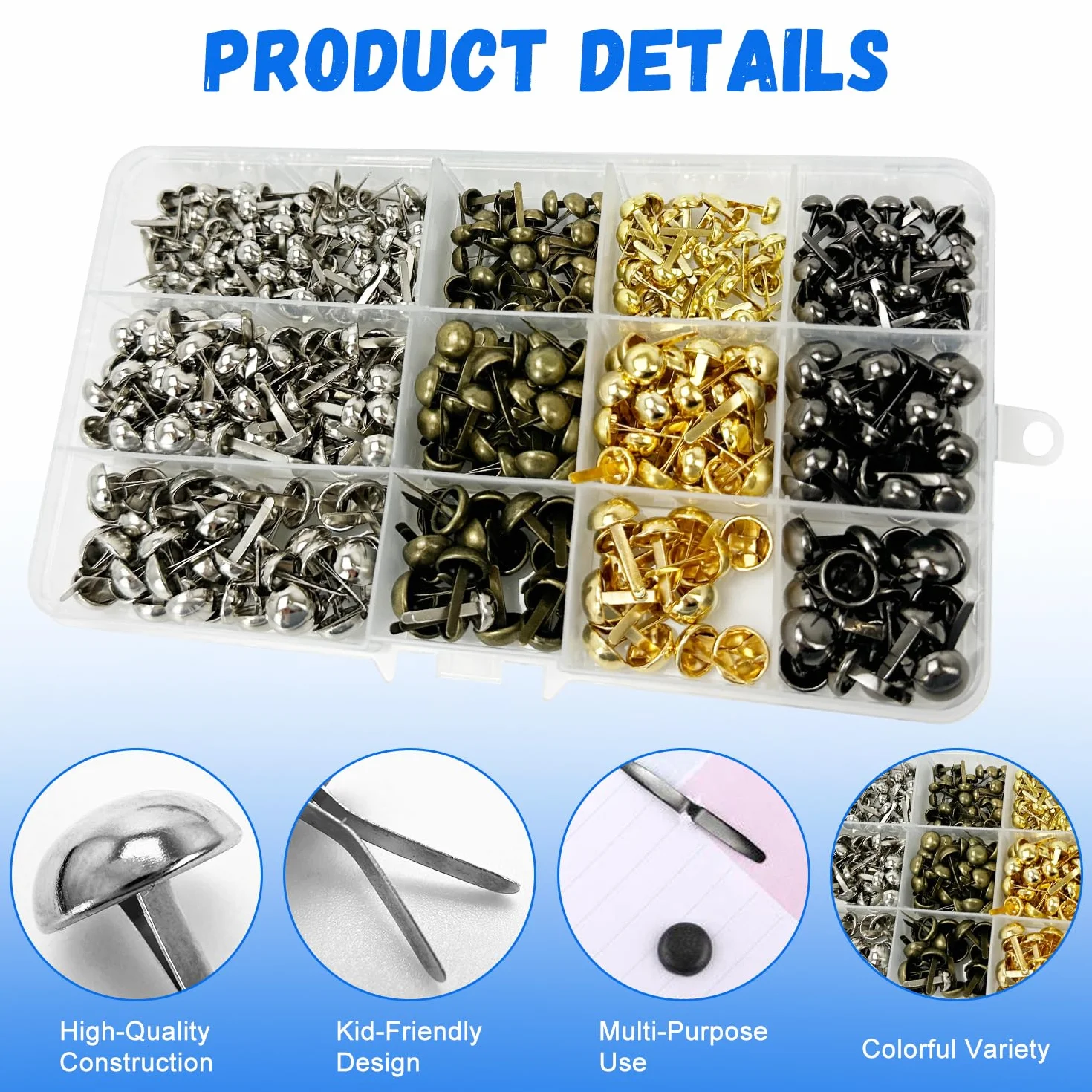 Aarta Mini Brads 500 Pezzi, 0,6-1 cm Testa Rotonda in Metallo per Scrapbooking, Ufficio, Artigianato