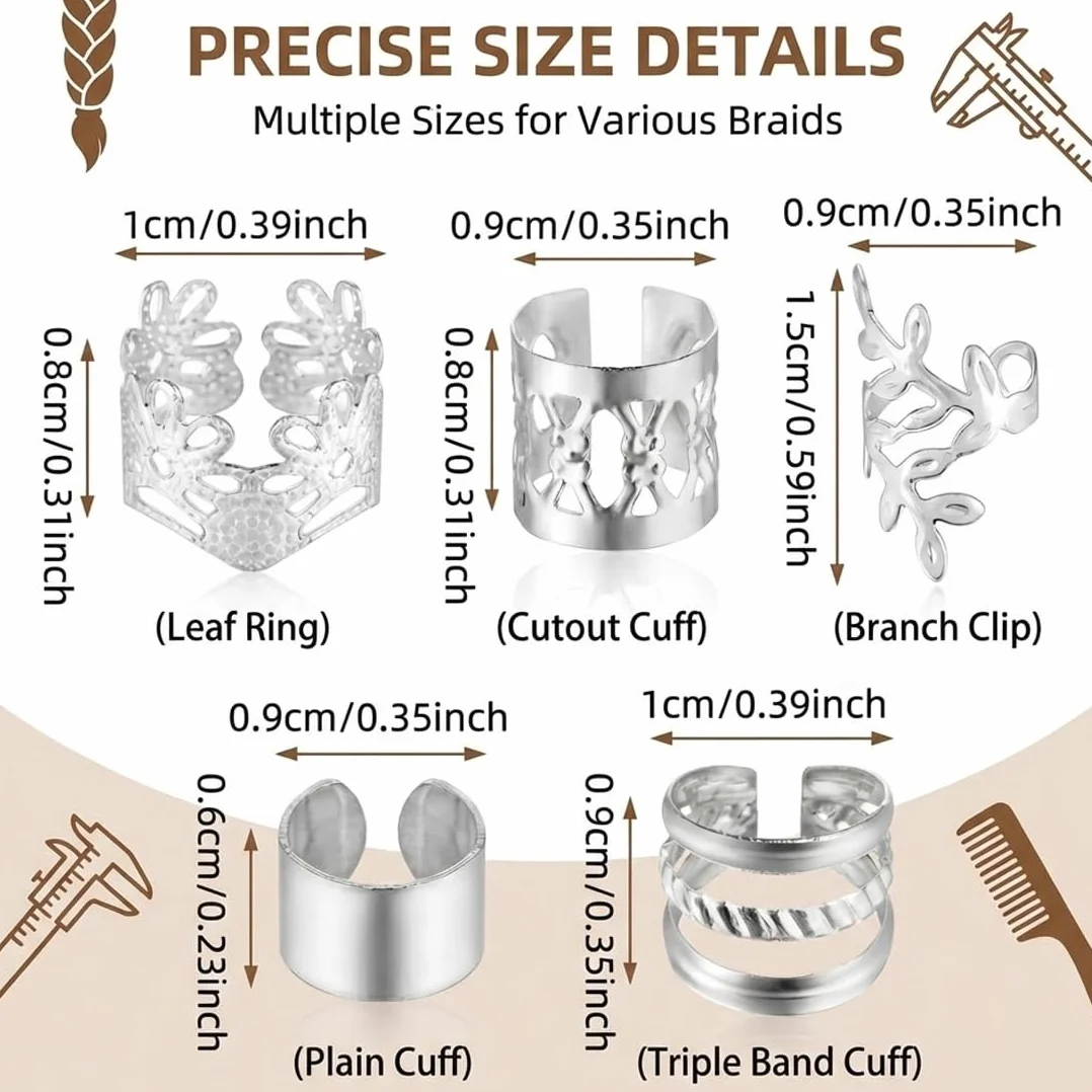 Accessori per Dreadlocks Regolabili 50 Pezzi, Spirali per Capelli, Clip per Locs, Decorazioni Argento