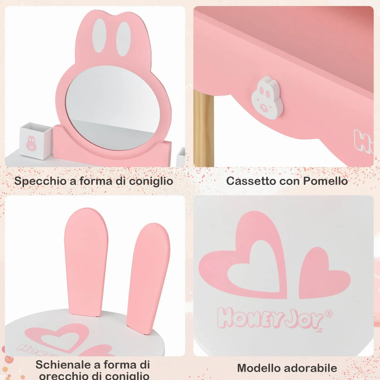 RELAX4LIFE 2 in 1 Toeletta Trucco Bambina con Sgabello, Scrivania con Specchio Rotondo Rimovibile, Cassetto con Manopola e 2 Organizer Porta Trucchi/Penne (Rosa)