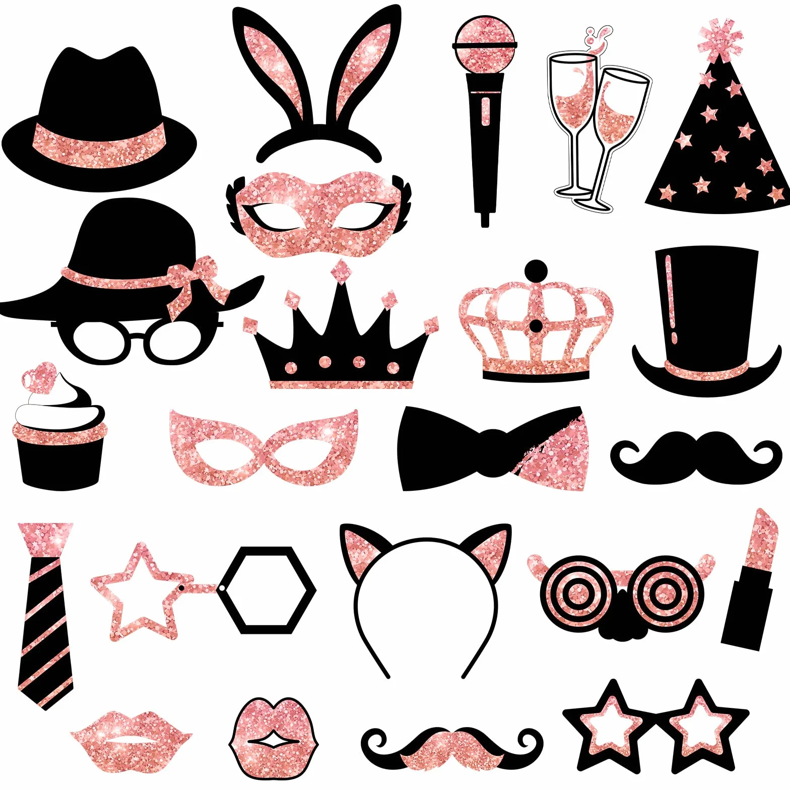 24 Pezzi Foto Props per Feste Foto Booth Compleanno Accessori Cappelli, Bicchiere di Vino, Rossetto, Cravatta, Corone e Altro per Festa di Varietà Compleanno Matrimoni (Rosa Oro)