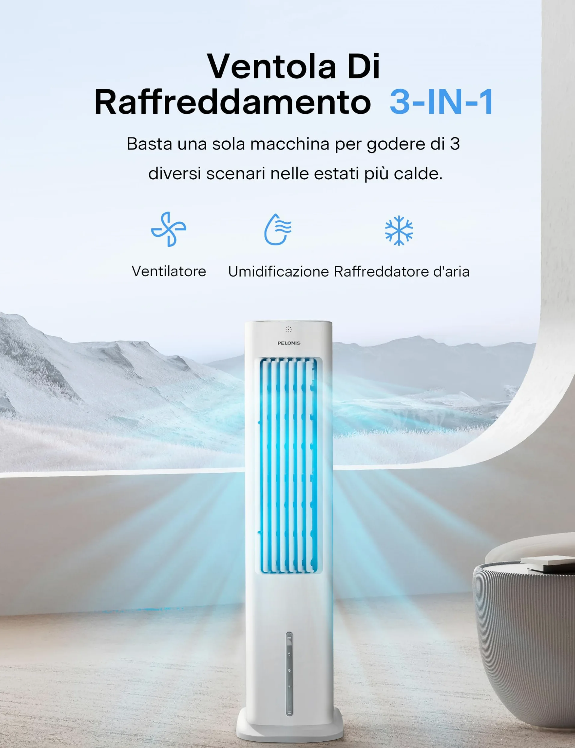PELONIS Raffreddatore d'Aria a Evaporazione, Climatizzatore Mobile, 5L con Telecomando, 355m³/h, Senza Tubo di Scarico