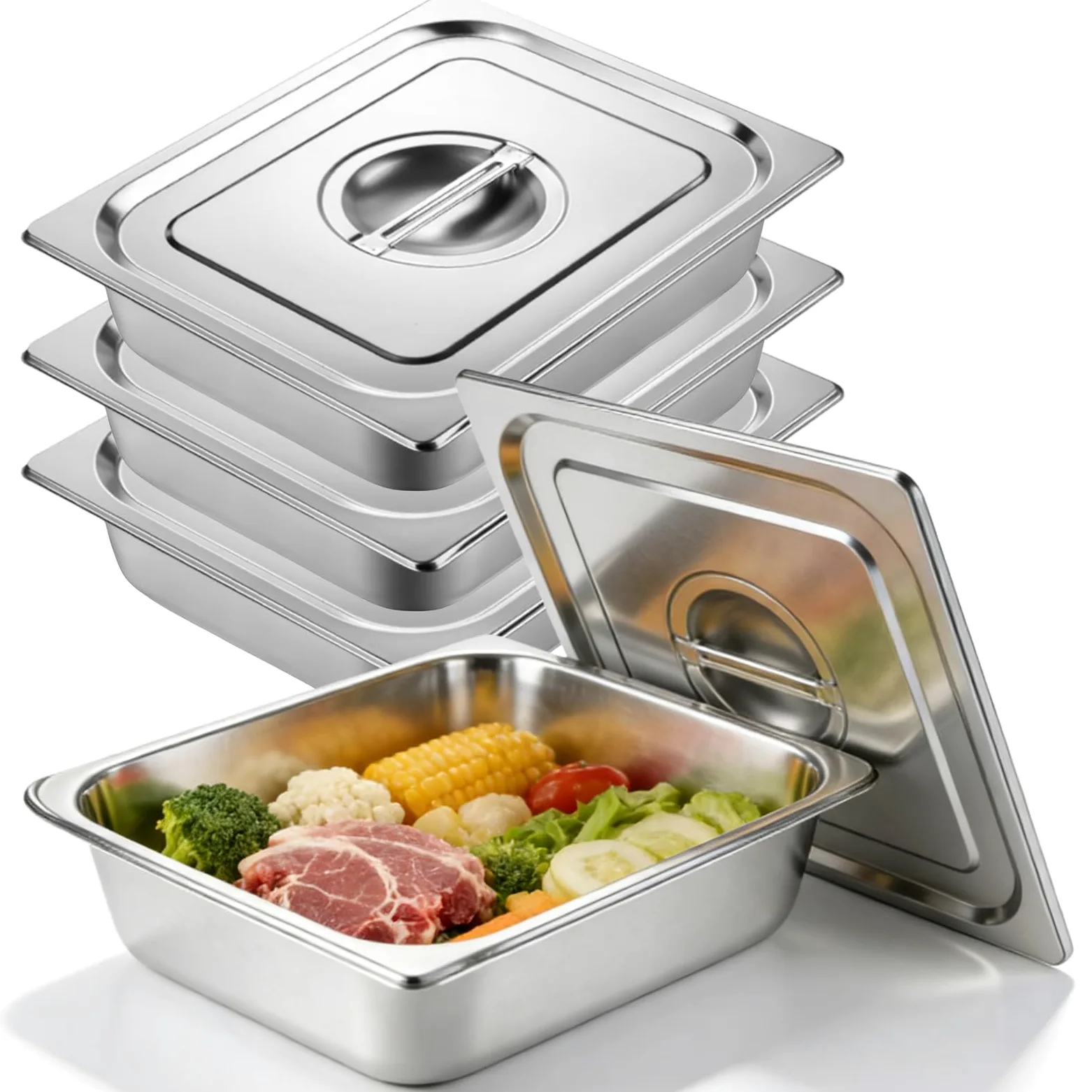 3 Pezzi Vassoio in Acciaio Inox,Teglia Forno Rettangolare con Coperchio,Contenitori per Alimenti Inox,Ciotole per Impanare Inox,Vassoio Acciaio Inox per Marinare Carne,Cotoletta,32,5x26,5x6,5cm