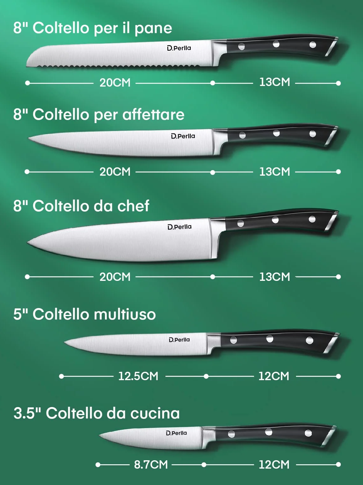 D.Perlla 6 Pezzi Set di Coltelli da Cucina, Set Coltelli Tedesco X50Cr15 in Acciaio Inossidabile, Ceppo Coltelli Professionali con Blocco in Legno, Coltelli per Frutta e Verdura