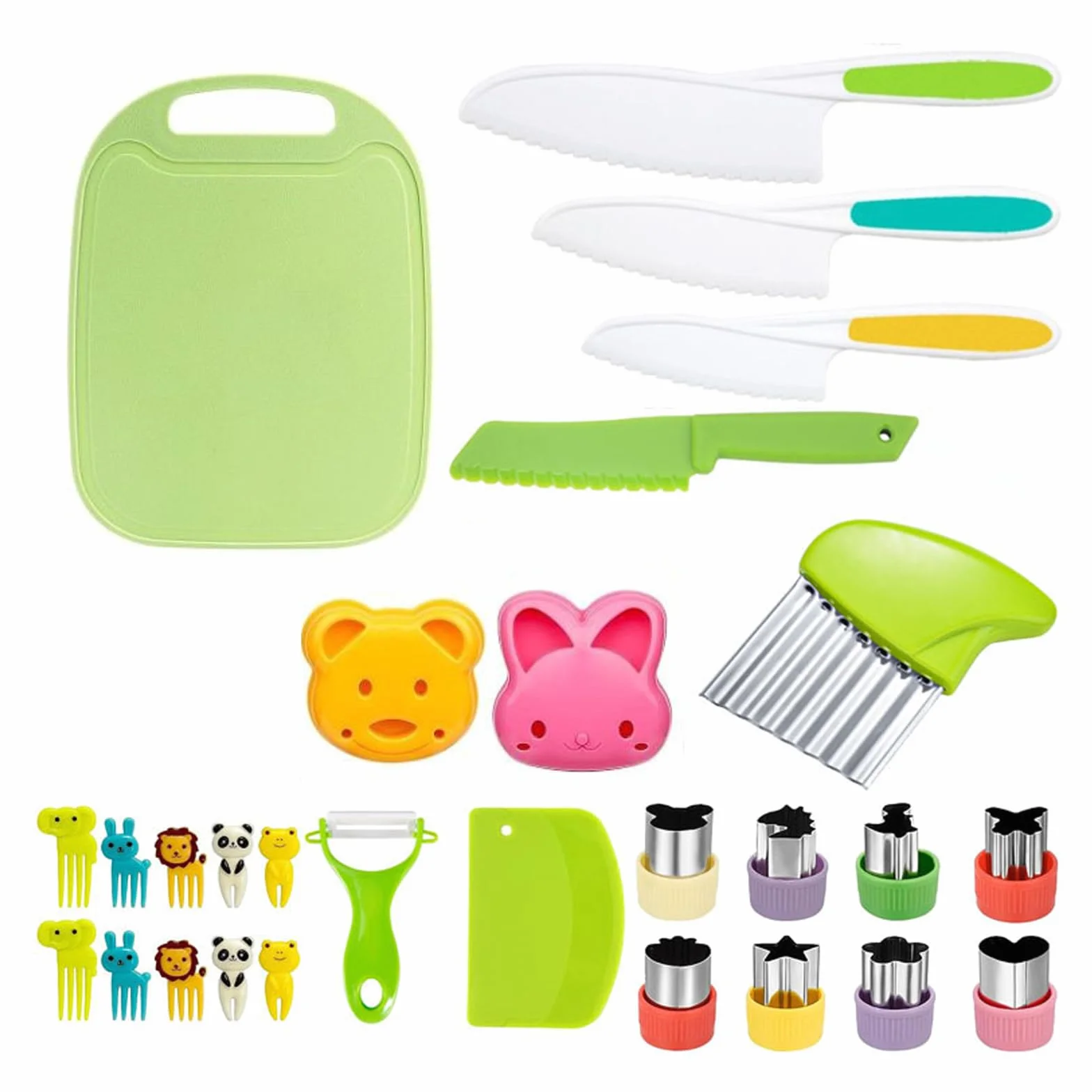 Set di coltelli per bambini a partire dai 3 anni, set da 28 coltelli per bambini, coltello da taglio sicuro per bambini, tagliere e pelapatate, ecc. Set da cucina per ragazzi e ragazze