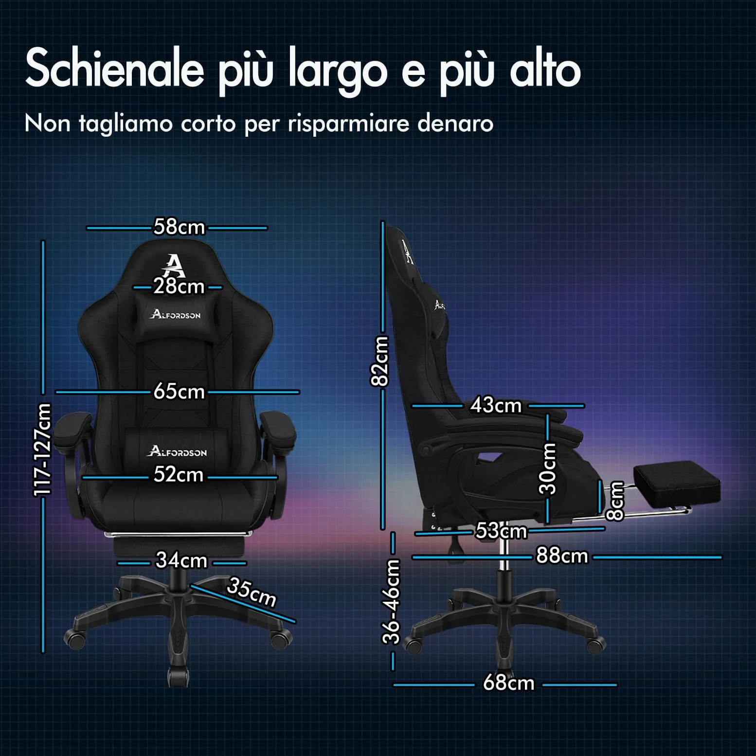 ALFORDSON Sedia da Gaming Massaggiante, Poggiapiedi Telescopico, Sedia Gamer con Cuscino Lombare & Poggiatesta, Ergonomico Sedie da Ufficio Schienale Regolabile 90-150°, Tessuto(Nera)