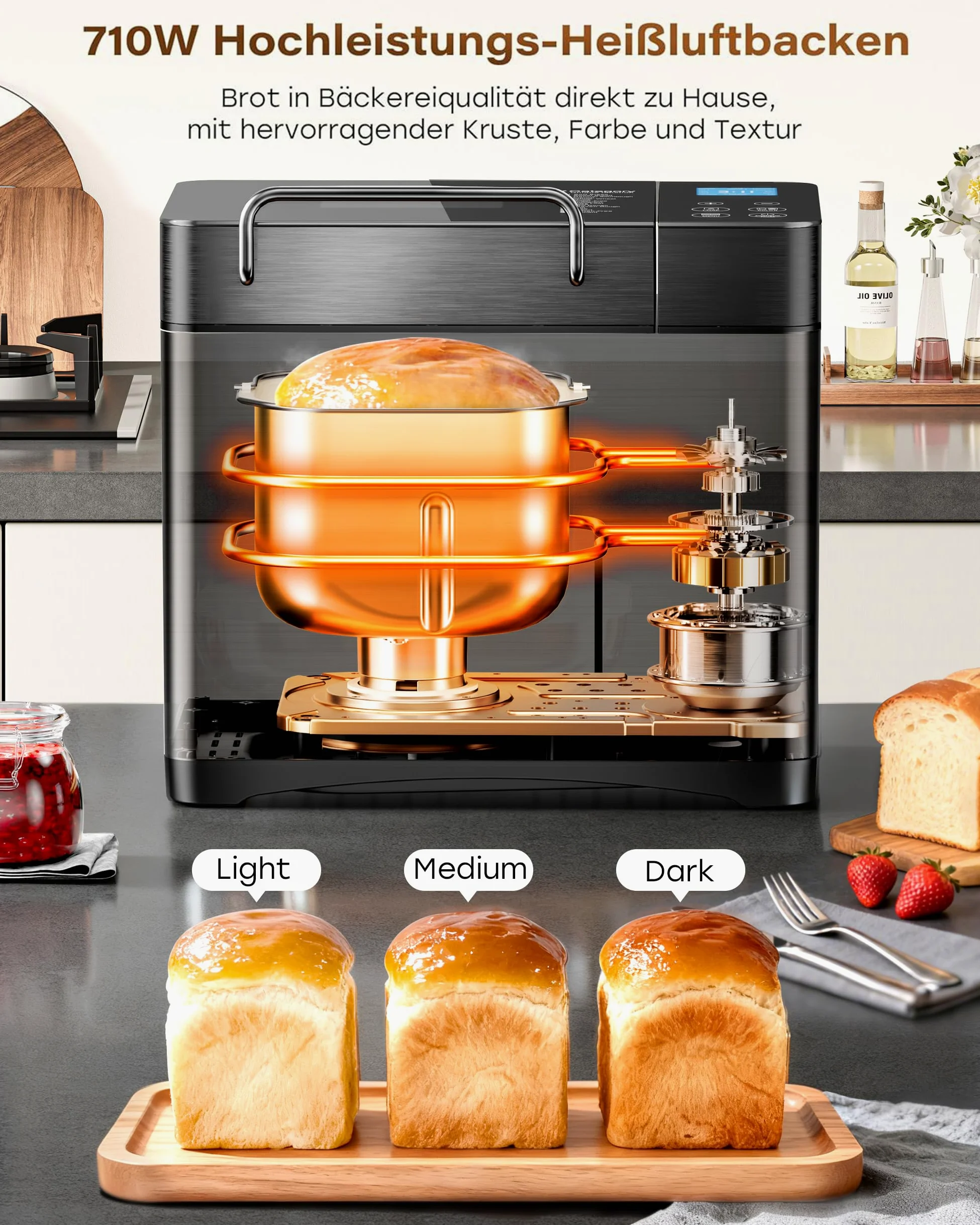 Macchina per il pane 17 in 1 – Due elementi riscaldanti, 710 W, in acciaio inox, senza glutine, impasto, marmellate, programmi di yogurt, dispenser per noci, stampo in ceramica e touch screen
