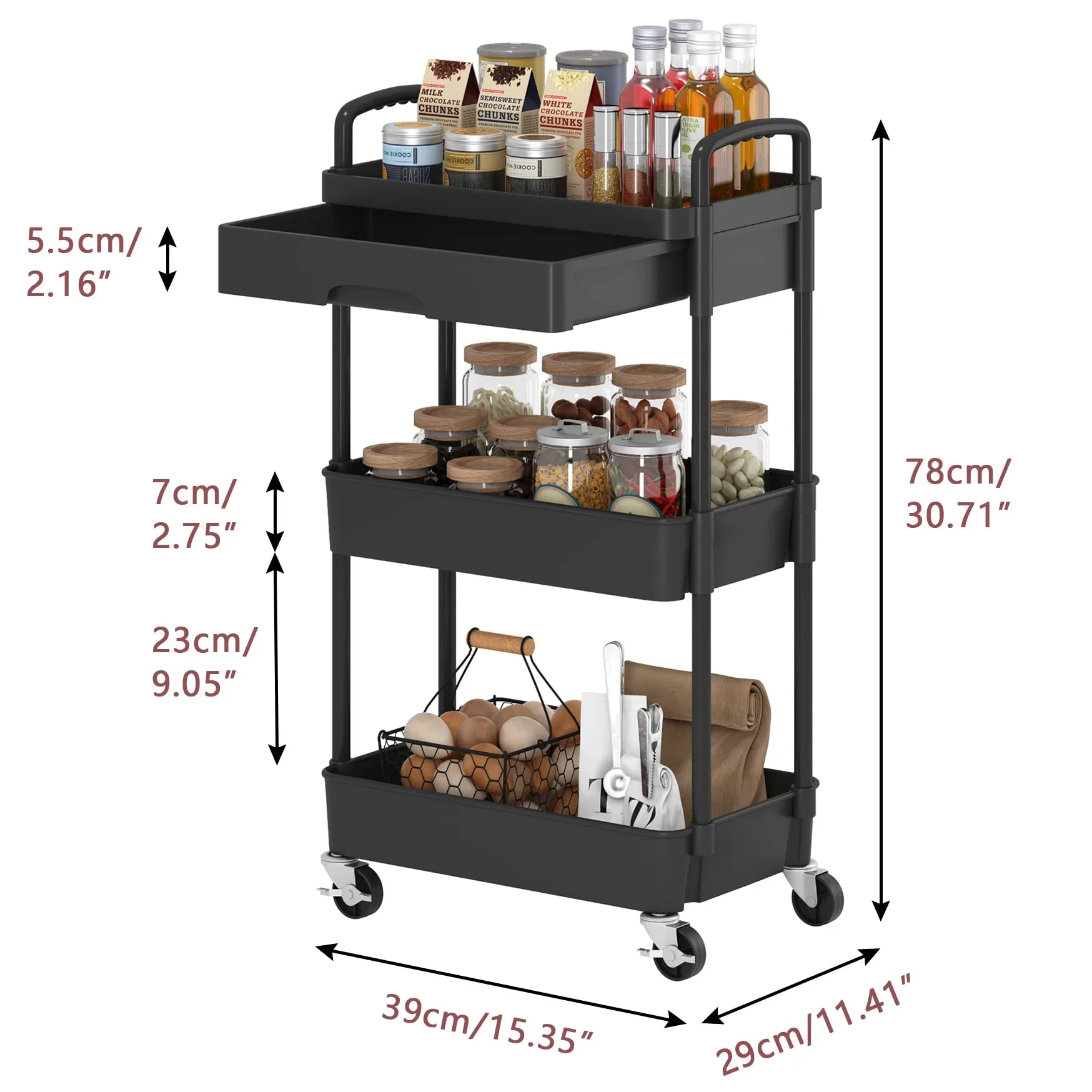Dttwacoyh, Pratico carrello portatile a 3 livelli con cassetti, carrello portaoggetti con ripiani in plastica, adatto per uffici, cucine, lavanderia, bagno, trucco, nero