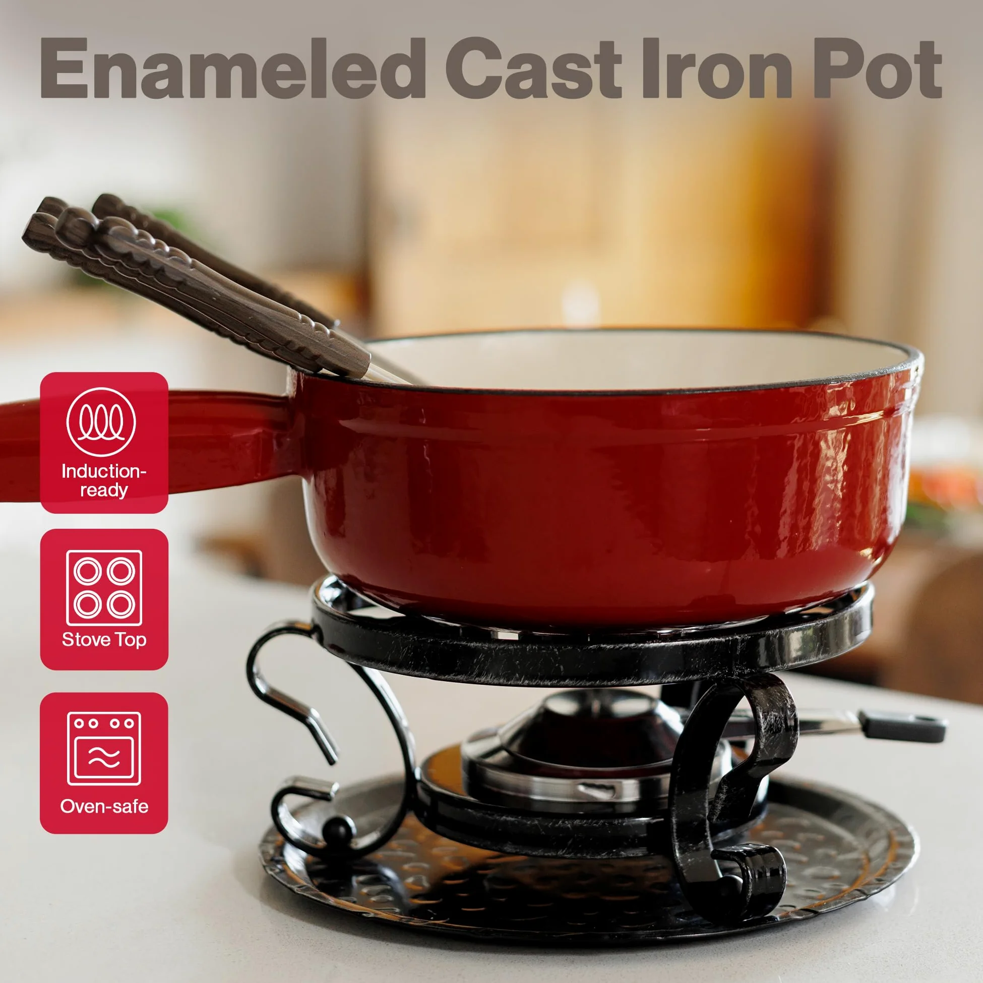 Swissmar KF-66517 Lugano - Set per fonduta, 9 pezzi, in ghisa/acciaio inossidabile, rosso ciliegia, 2 l, multiuso, per formaggio e cioccolato, in confezione regalo