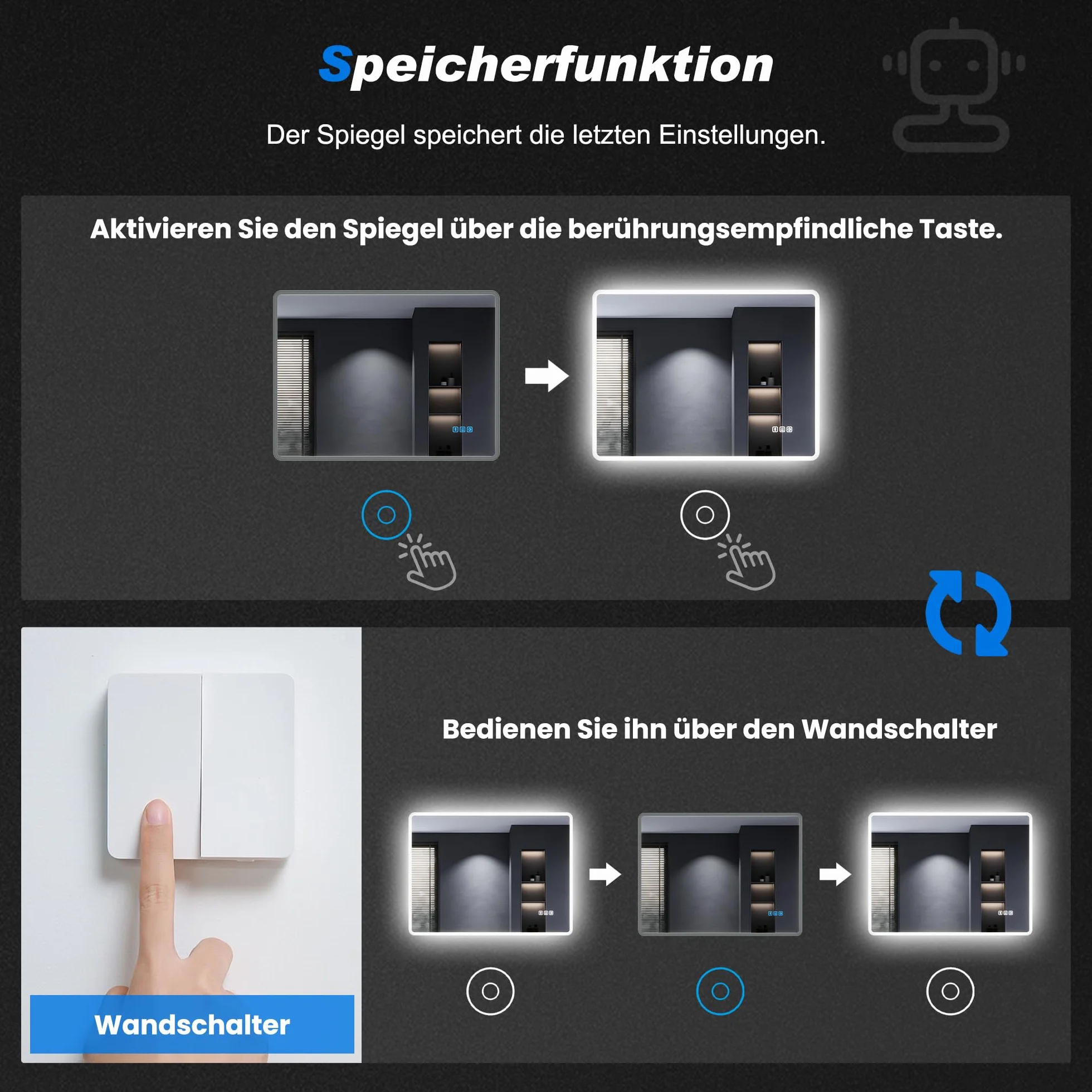 SONNI Specchio da bagno a LED con Bluetooth, 100 x 60 cm, specchio da bagno con illuminazione e touch, presa elettrica, 3 colori di luce, anti-appannamento e funzione di memoria, ingrandimento 3 x