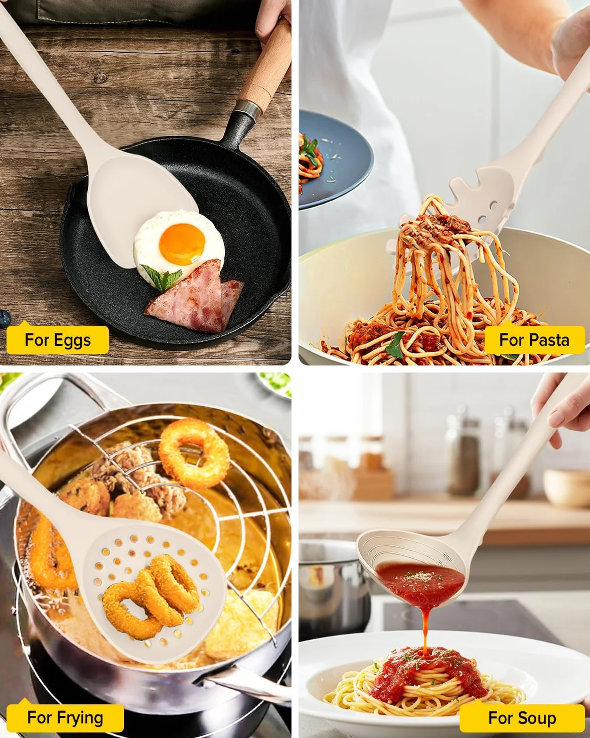 Set di 9 utensili da cucina in silicone, resistenti al calore, con ganci posteriori, senza BPA, con spatole, cucchiai, schiumarola e forchetta per pasta, per pentole antiaderenti (KHAKI)