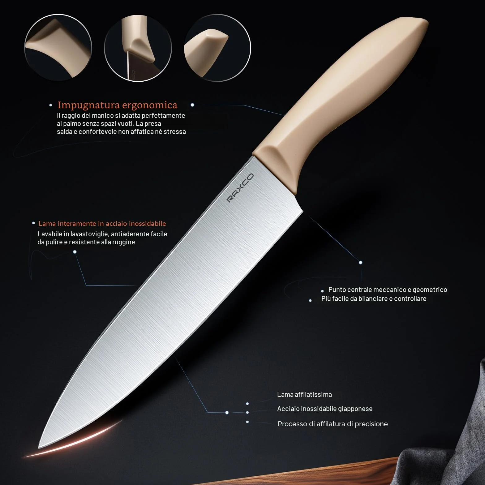 RAXCO Set di coltelli da cucina con blocco 18 pezzi 5 coltelli 7 spatole in silicone Cachi