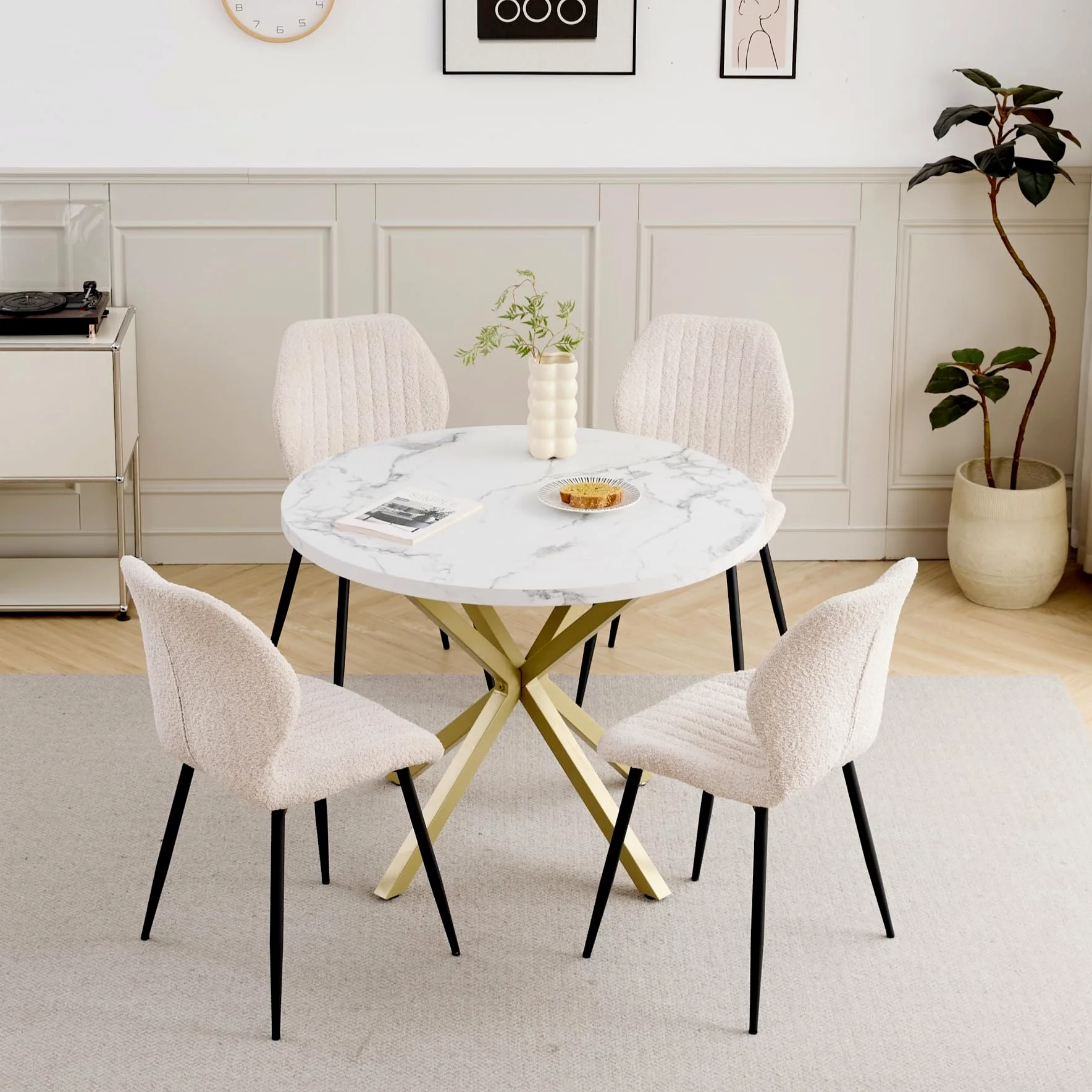Set Tavolo e Sedie da Pranzo, Tavolo da Pranzo Rotondo da 100 * 100 * 76.5 cm e 4 Sedie Moderne in Teddy Fleece, per Sala da Pranzo, Cucina, Soggiorno, Colore Marmo-GD + Beige