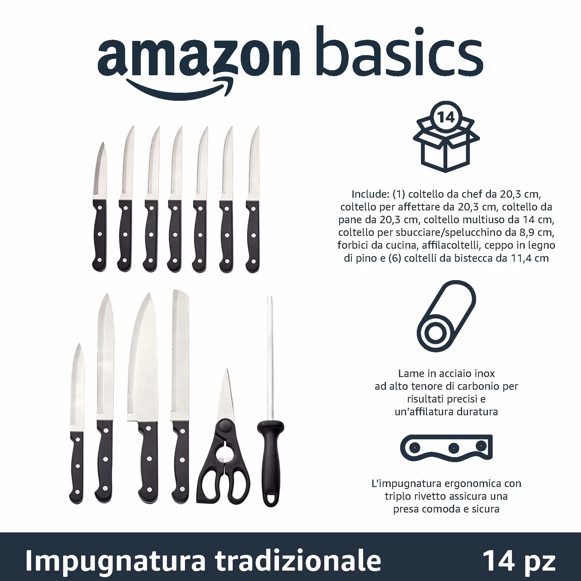 Amazon Basics Set di 14 Coltelli con Ceppo, Nero