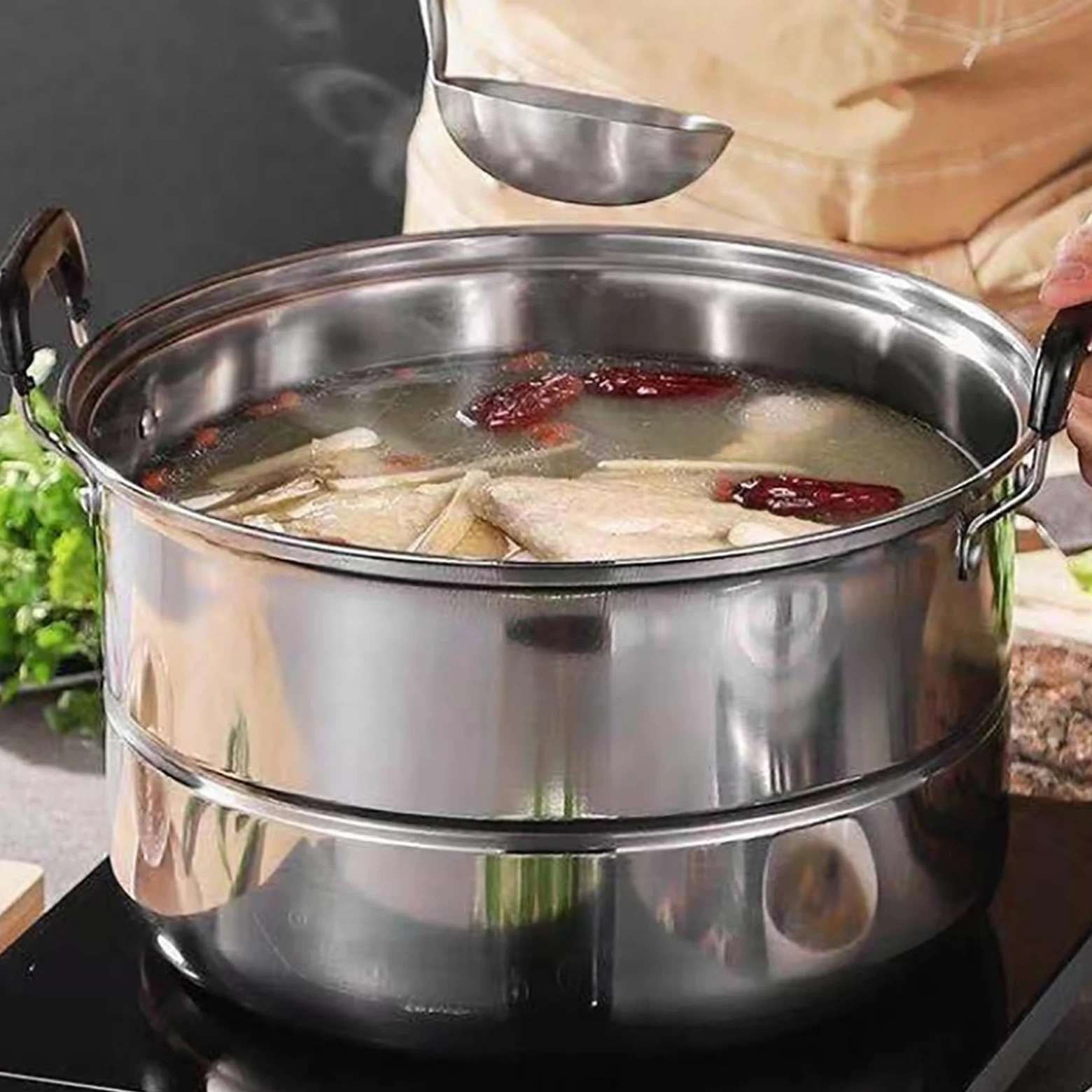 Grande pentola a vapore in acciaio inox a 2 strati per fornelli a induzione e fornelli a gas, design ispessito per uso alimentare, 38 cm