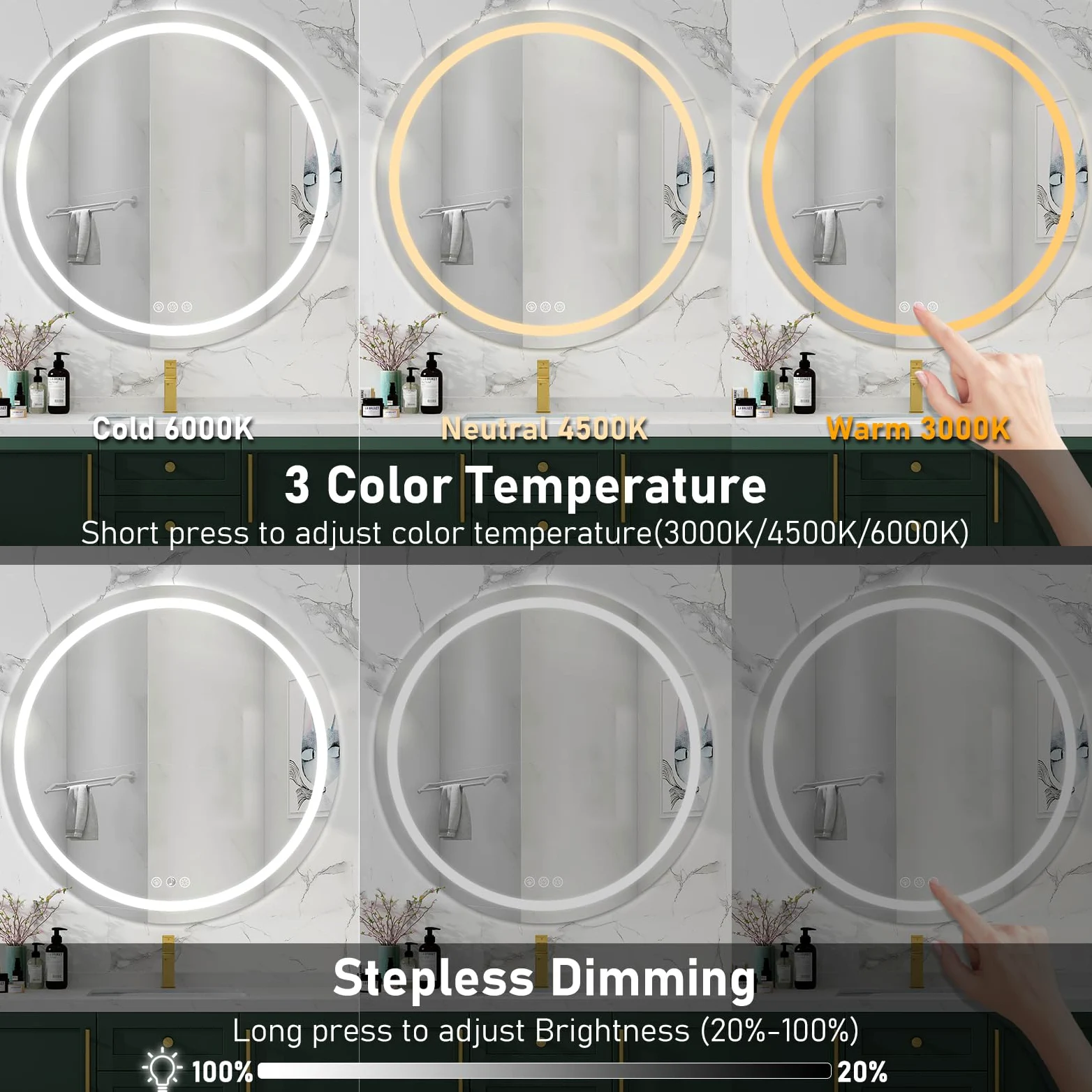 80cm Specchio Bagno Rotondo con Luce LED， Rotondo Specchio da Parete Antideflagrante con Luminosità Regolabile，3 Colori Luce， IP44 impermeabile, vetro temperato