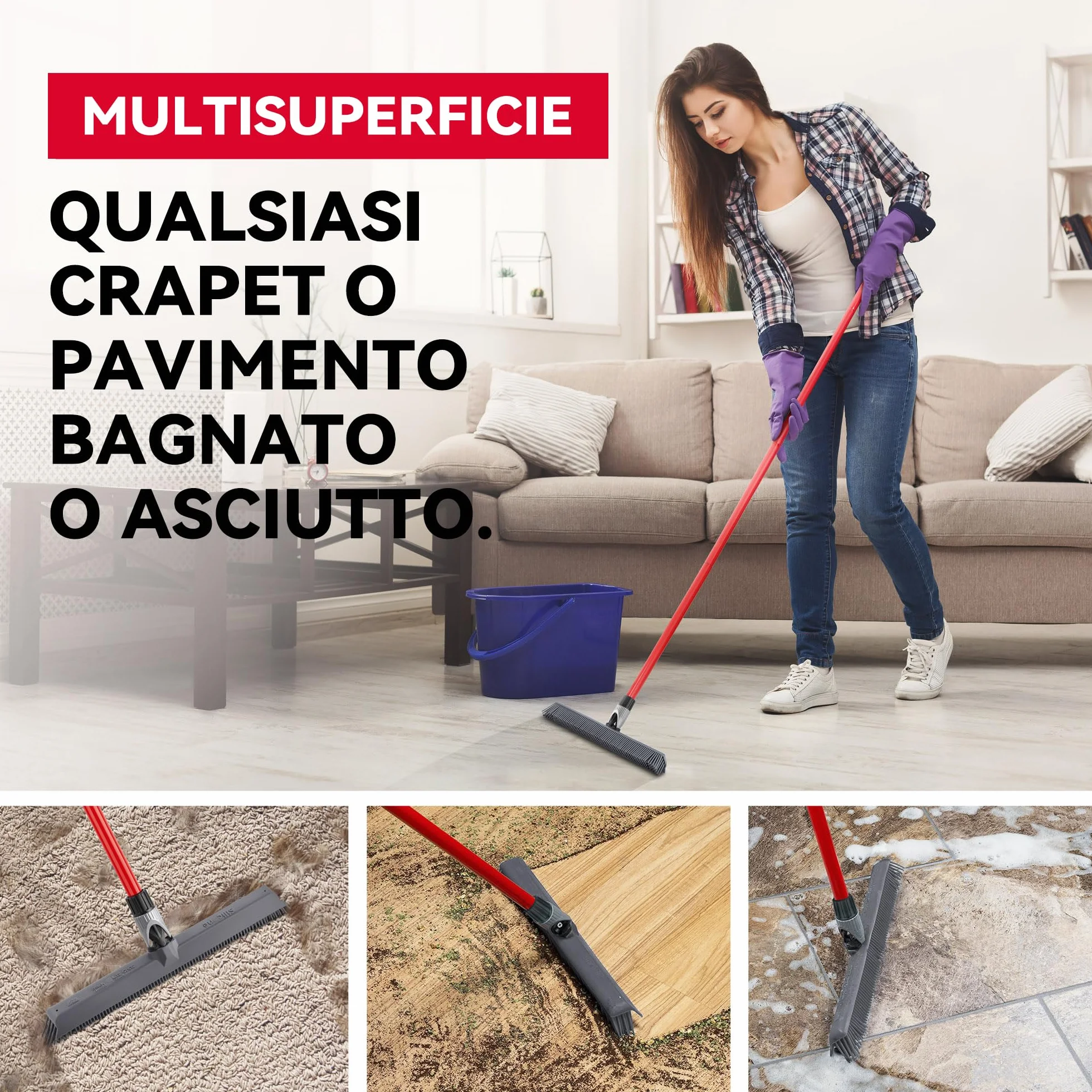 Tyroler 2 in 1 Tira Acqua & Scopa in Silicone per Pavimenti 40 cm Manico Antiruggine 140 cm Acciaio Inox