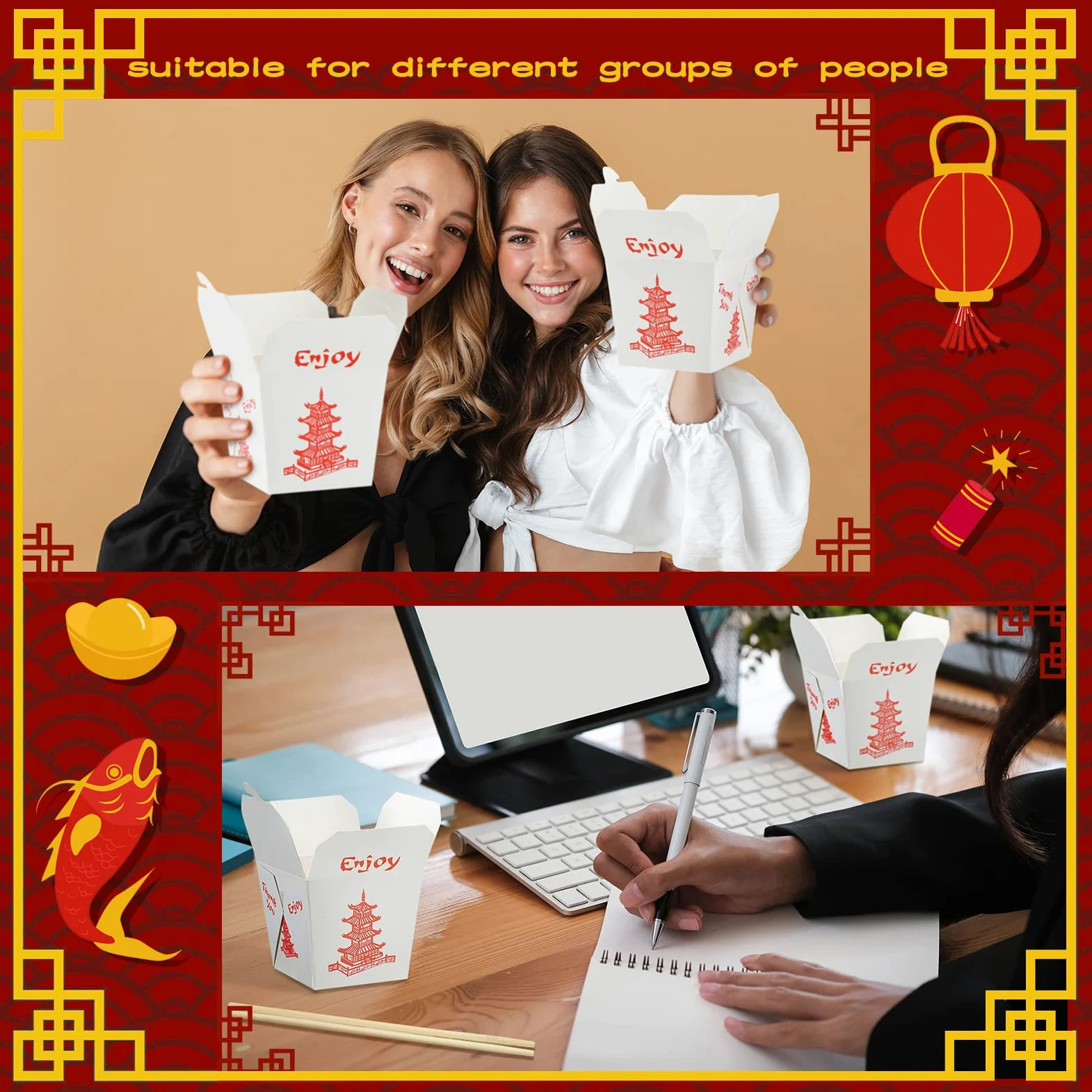 Scatole cinesi da asporto con bacchette, contenitori per alimenti in carta pagoda con maniche e bacchette usa e getta separate, per decorazioni per feste asiatiche, bomboniere, compleanni, matrimoni,