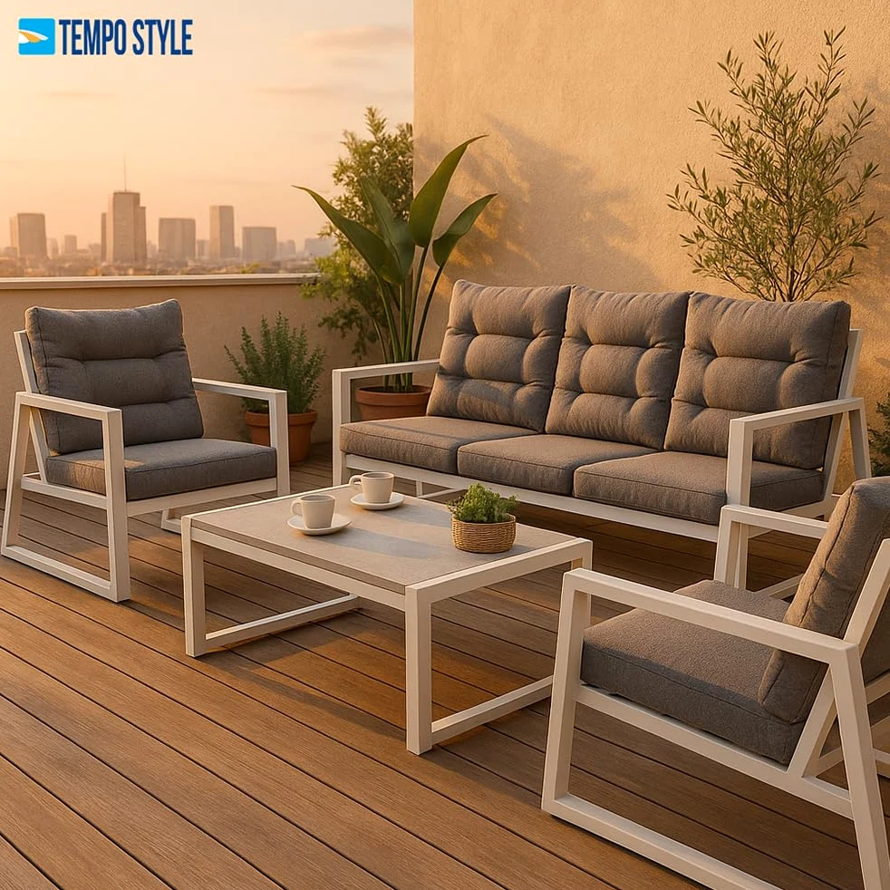 Salottino Lounge in alluminio MIKONOS PLUS bianco/grigio | Lounge da giardino con divano, tavolo, 2 poltrone e cuscini | Set di mobili da giardino in metallo da 5 persone