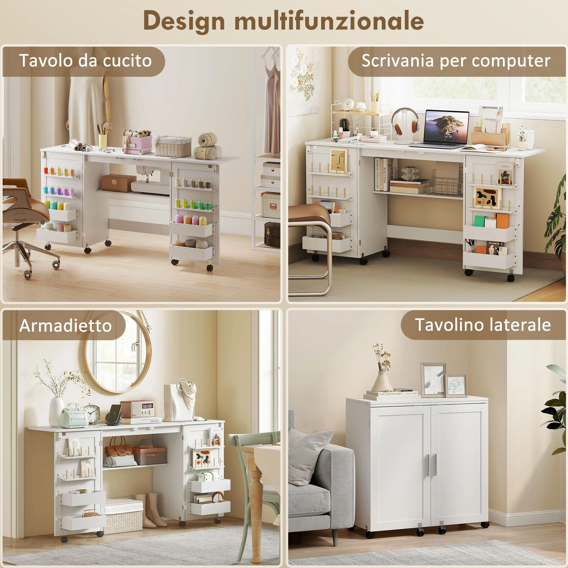 HOMCOM Mobile per Macchina da Cucire Pieghevole a 2 Ante Magnetiche, Tavolo per Macchina da Cucire Salvaspazio con Ripiani Portaoggetti, 20 Pioli per Bobine, Ruote a Freno, Armadio da Cucito, Bianco