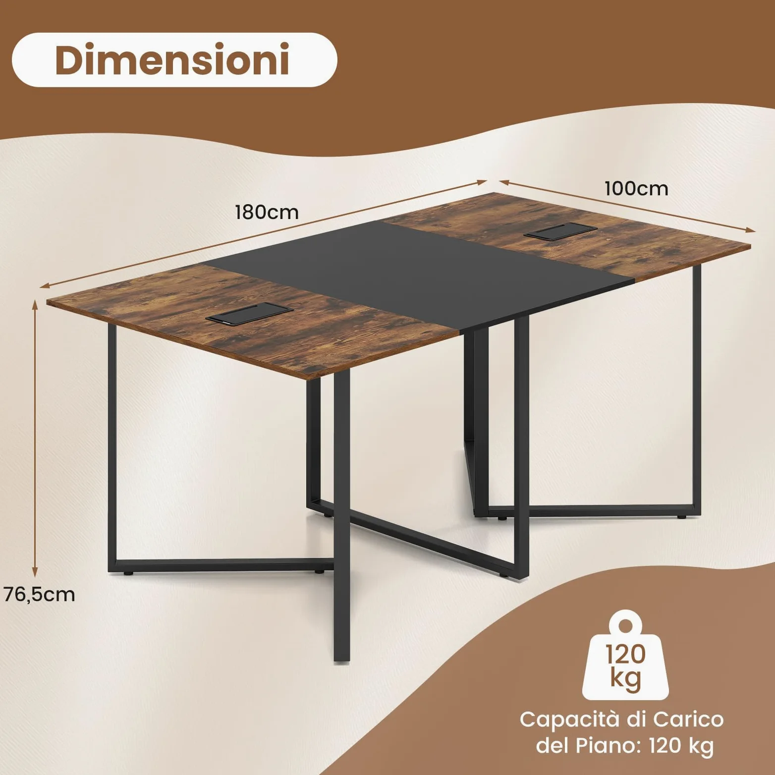 COSTWAY Tavolo da Conferenza 180 x 100 cm, Tavolo Riunioni Grande per 6-8 Persone, Postazione da Lavoro Stile Industriale con 2 Passacavi per Ufficio e Sala Riunioni