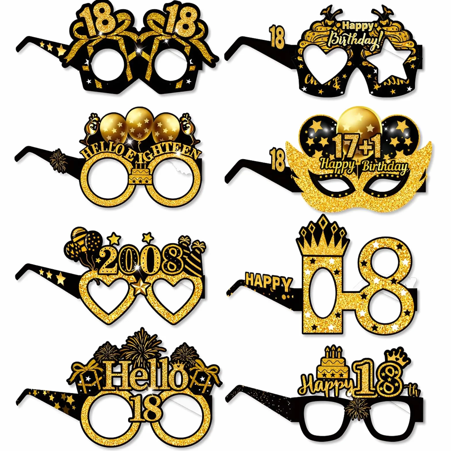 Occhiali di Carta Decorativi 18° Compleanno Nero-Oro Happy 18th Birthday Accessori Box Foto Compleanno