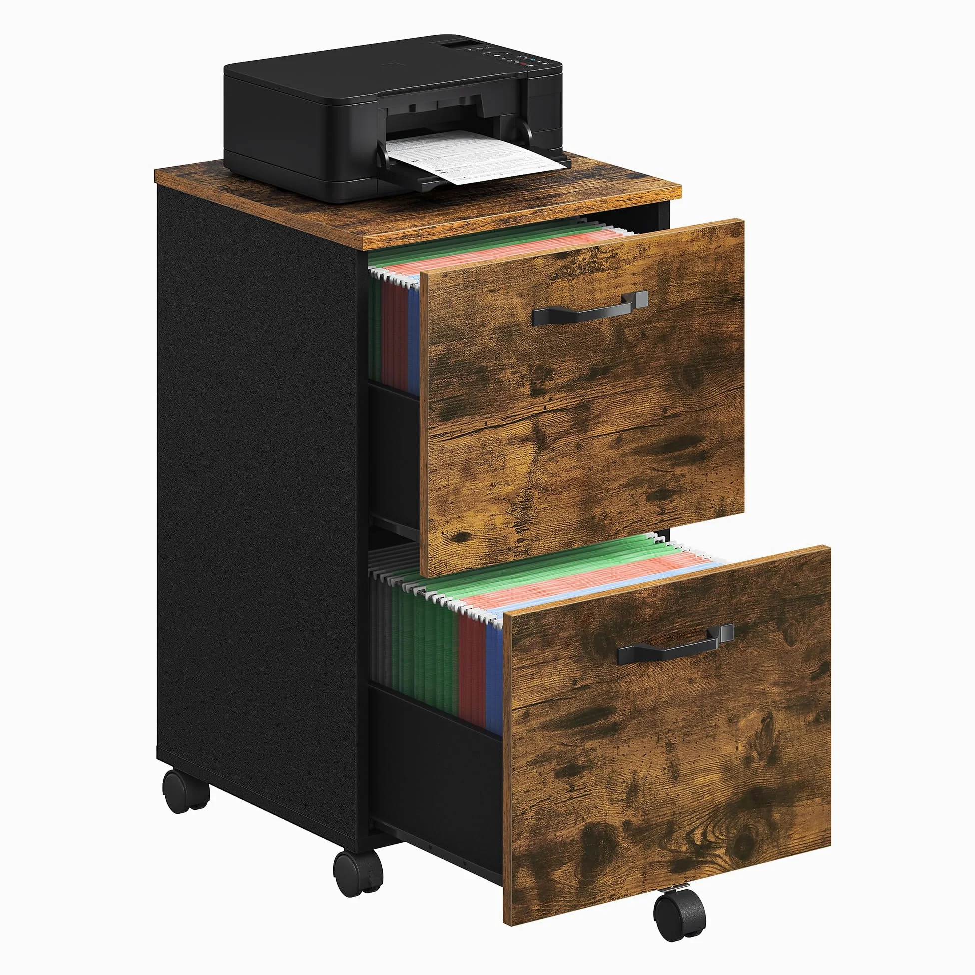 VASAGLE Cassettiera a 2 cassetti, credenza su ruote, per documenti A4, cartelle sospese, stile industriale, marrone rustico e nero OFC040B01