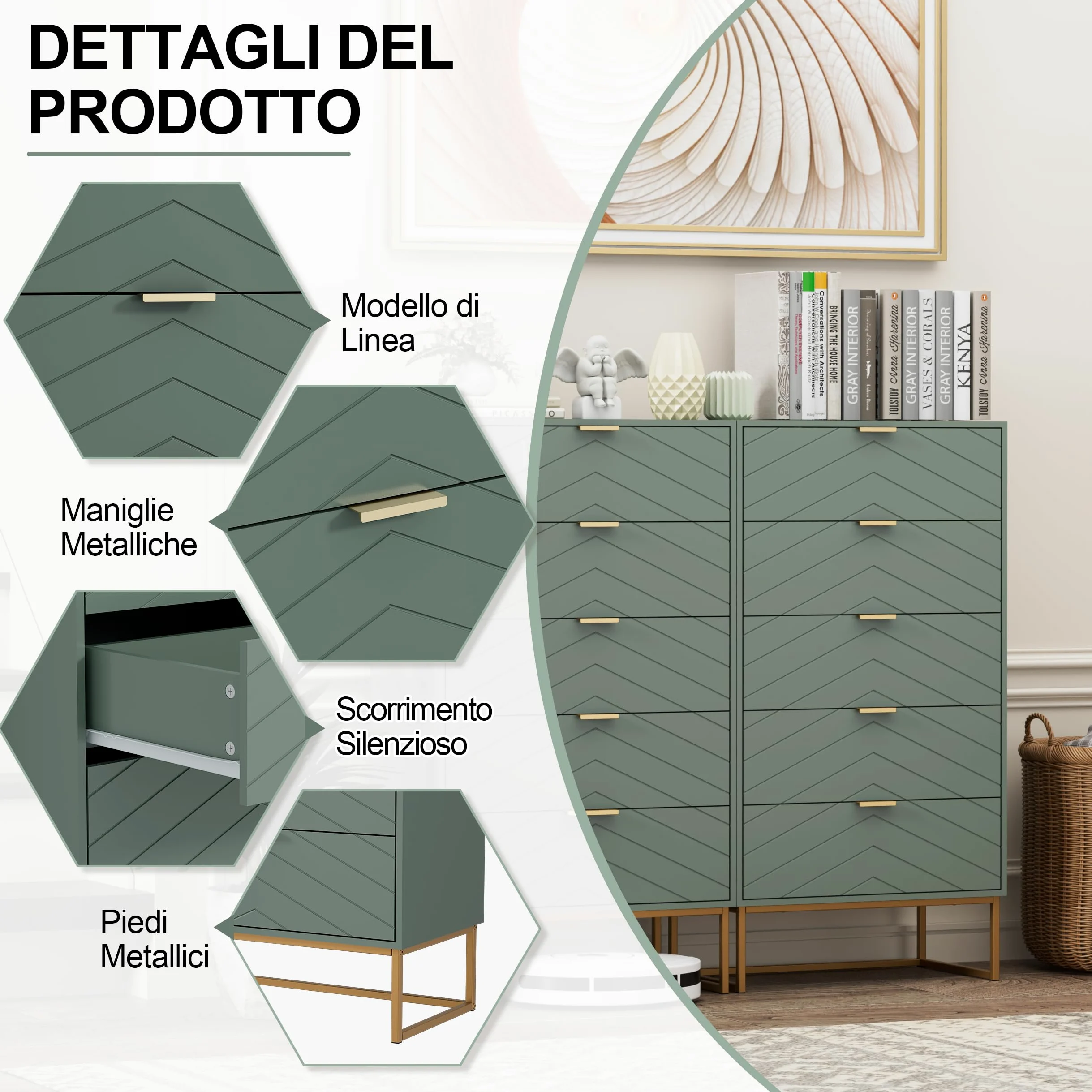 UEV Cassettiera Camera da Letto, Settimino con 5 Cassetti e Motivo di Linea, Mobiletto Moderno e Pratico, Sicuro Design Antiribaltamento, 60x34x110cm, Verde