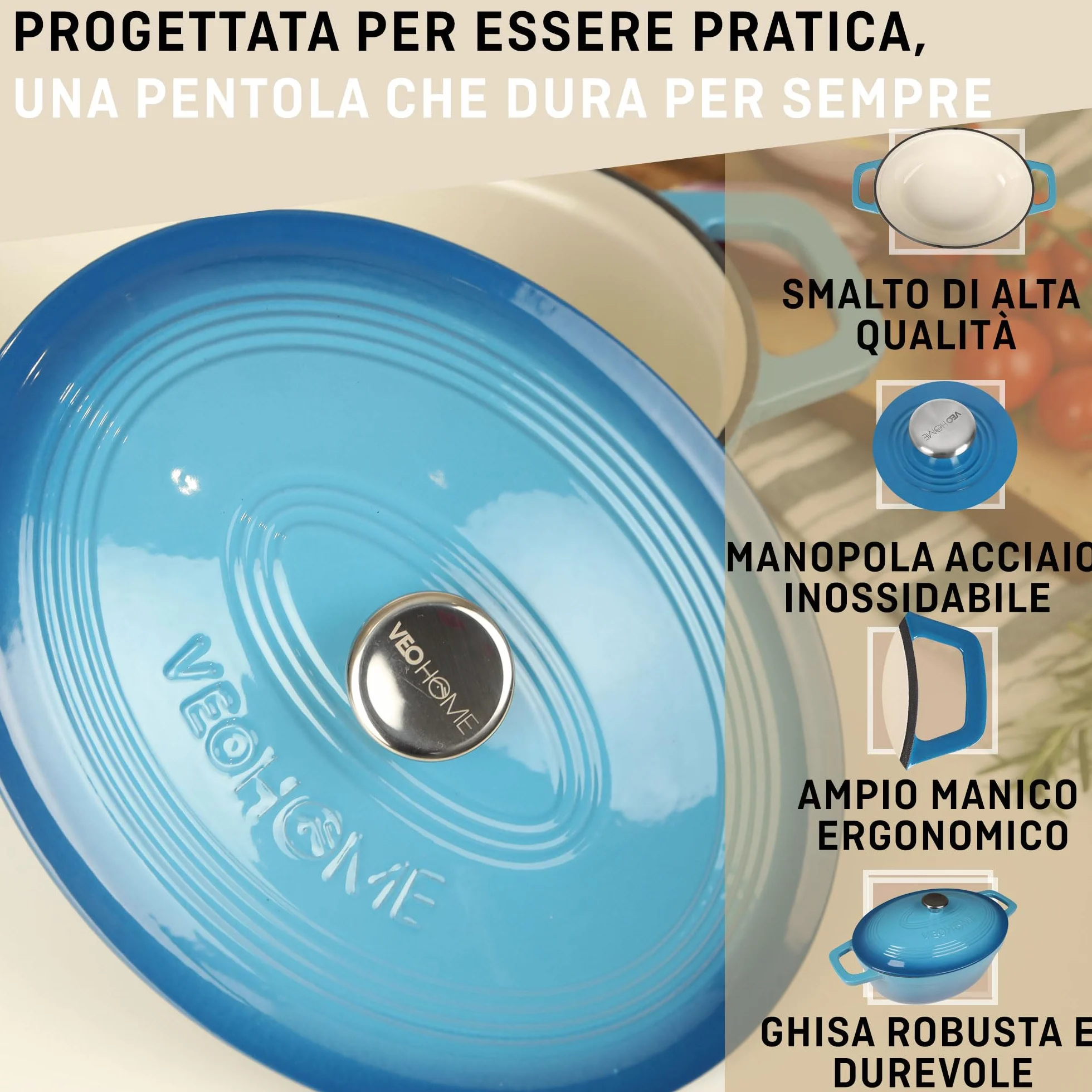 Casseruola in ghisa smaltata VeoHome Blu 6L Ovale, Robusta, Compatibile con Induzione / Gas / Forno, Cottura Omologa, Sapori Autentici, Coperchio in Rilievo