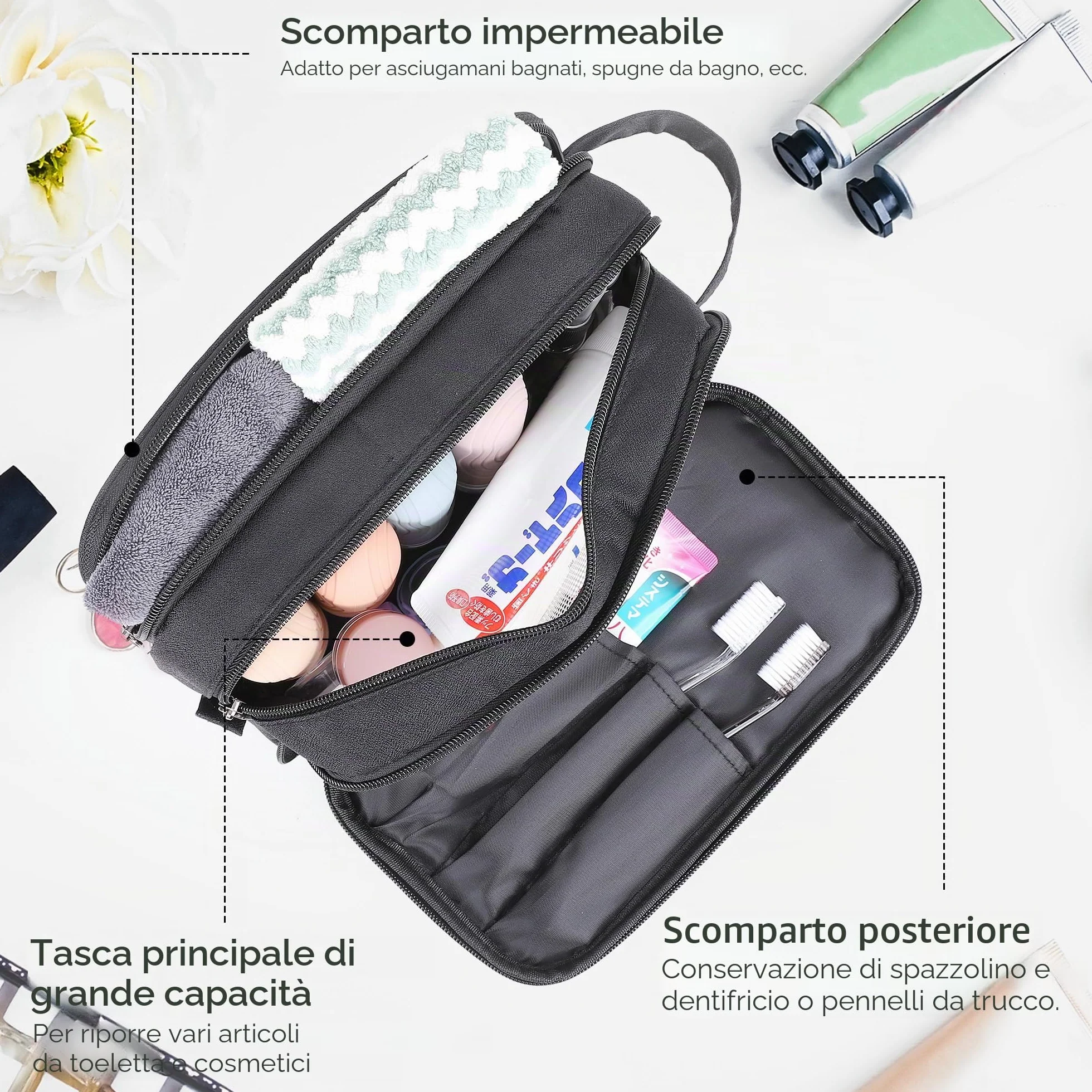 AiQInu Beauty Case da Viaggio, Borsa da Toilette da Viaggio per Donna Uomo,Impermeabile Beauty Case per Organizzare Oggetti Personali Accessori (nero)