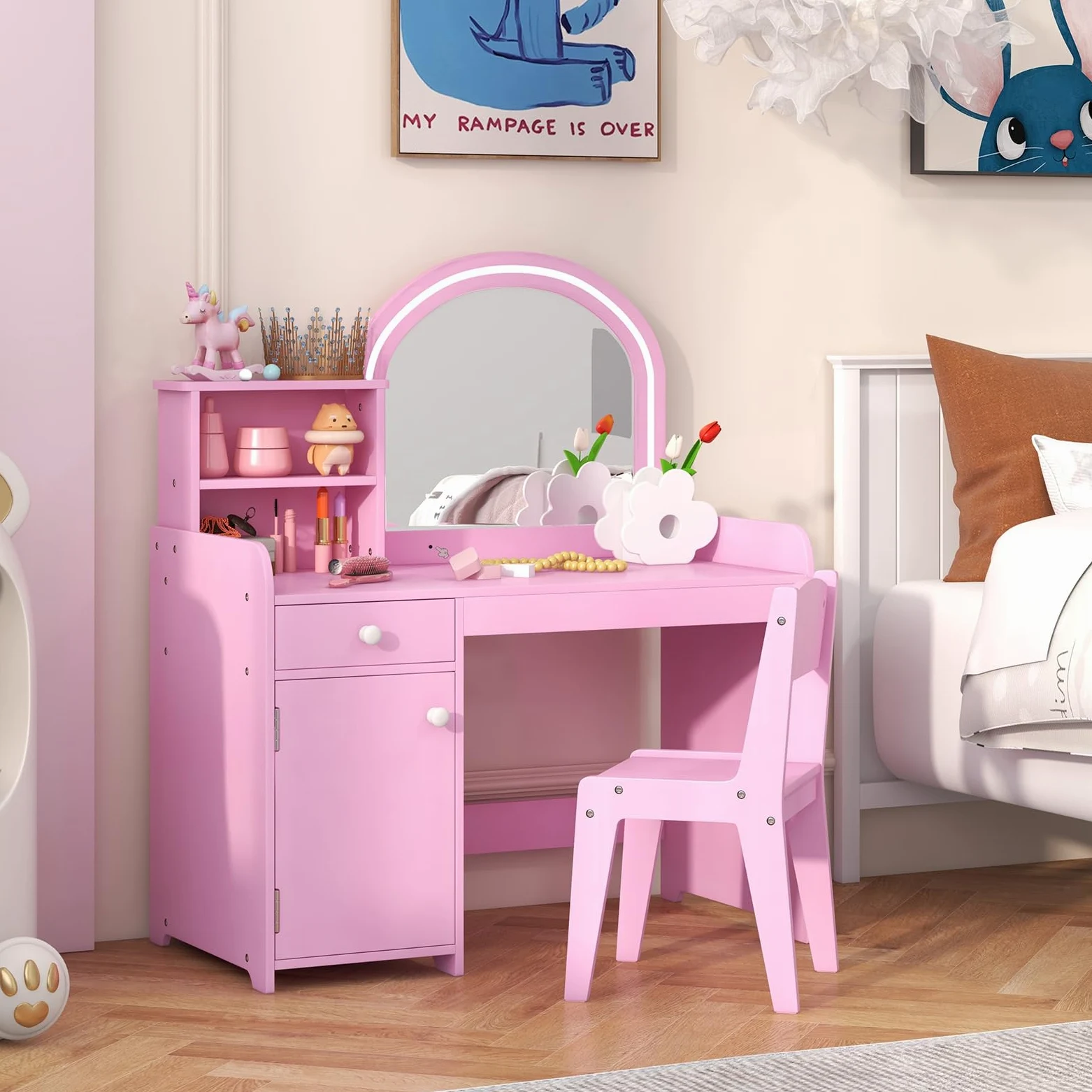 RELAX4LIFE Toeletta Trucco per Bambina con Luci LED, 2 Colori, Specchiera Trucco con Sgabello, Mensole e Cassetto, Toeletta in Legno, per Bambini 3+ Anni (Rosa, L)