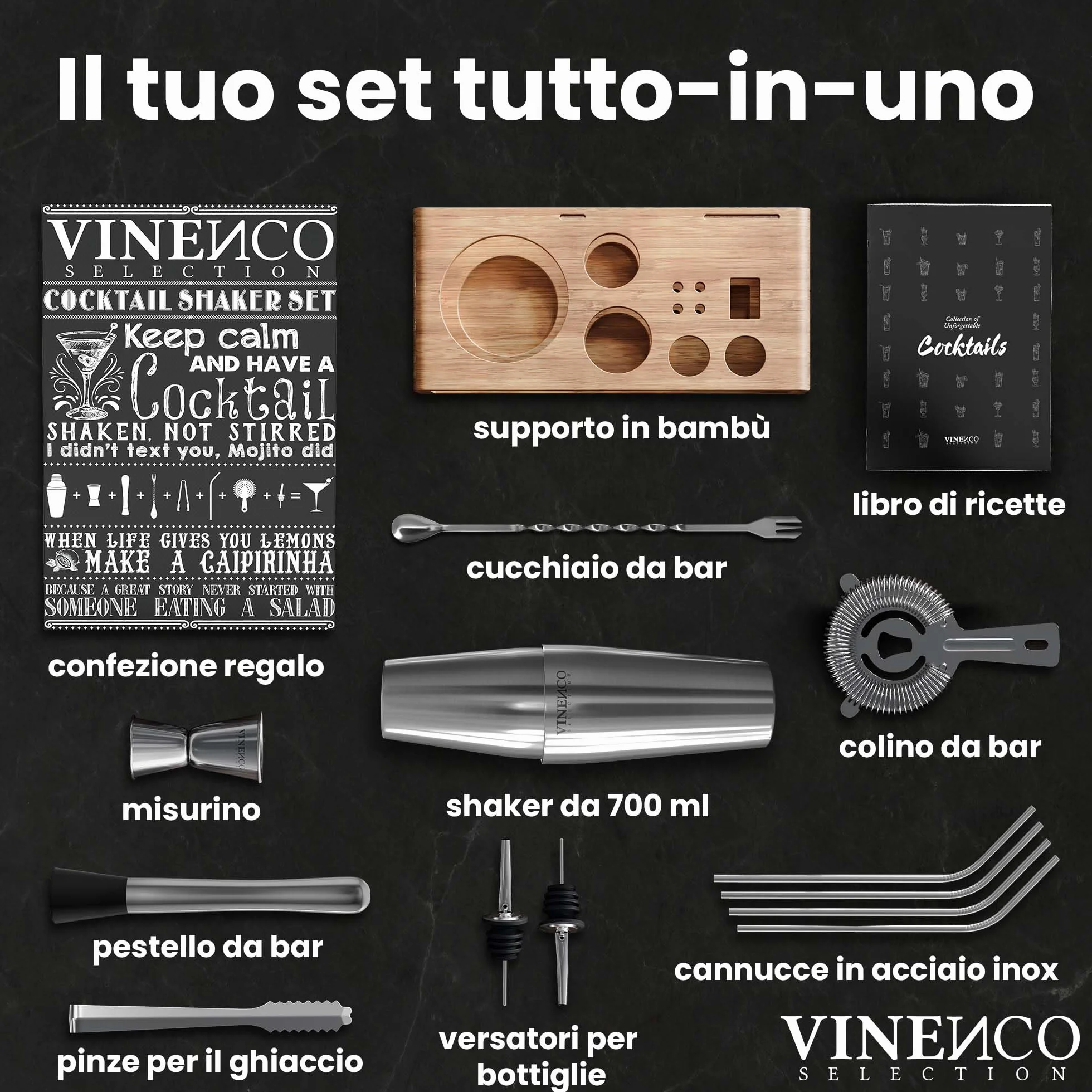 Professionale Boston Shaker Cocktail Set con Soporte Acciaio Premium per Mojito Martini Gin Long Drink