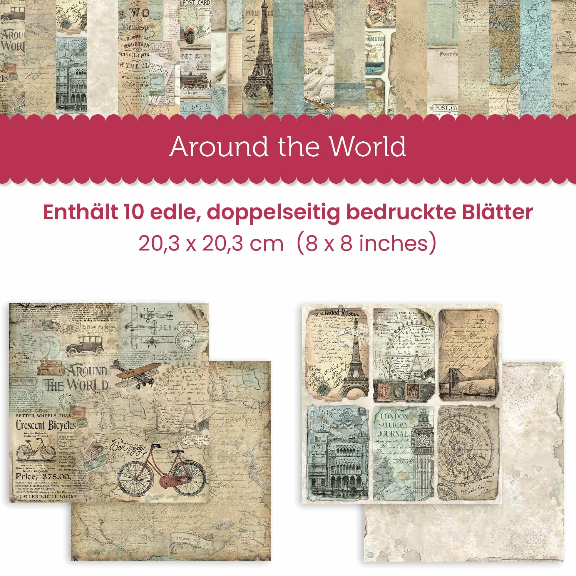 Stamperia SBBS12 Blocco di Carta 10 Fogli 20,3 x 20,3 cm Double Face Around The World Multicolore