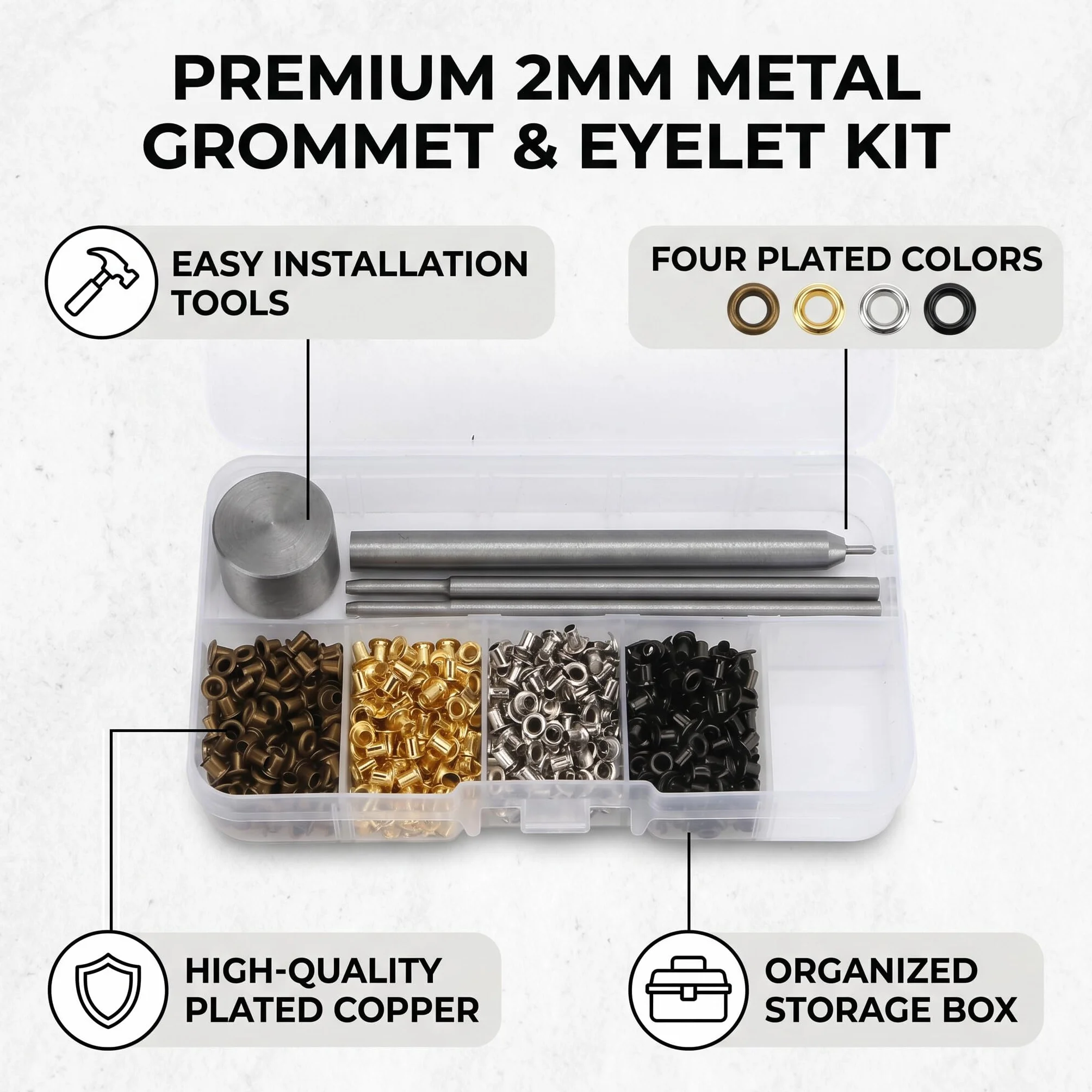 Kit occhielli in metallo per passacavi (2 mm) in ottone/ferro – ideale per borse, scarpe, abbigliamento e pelle; include punzoni e scatola pratica.