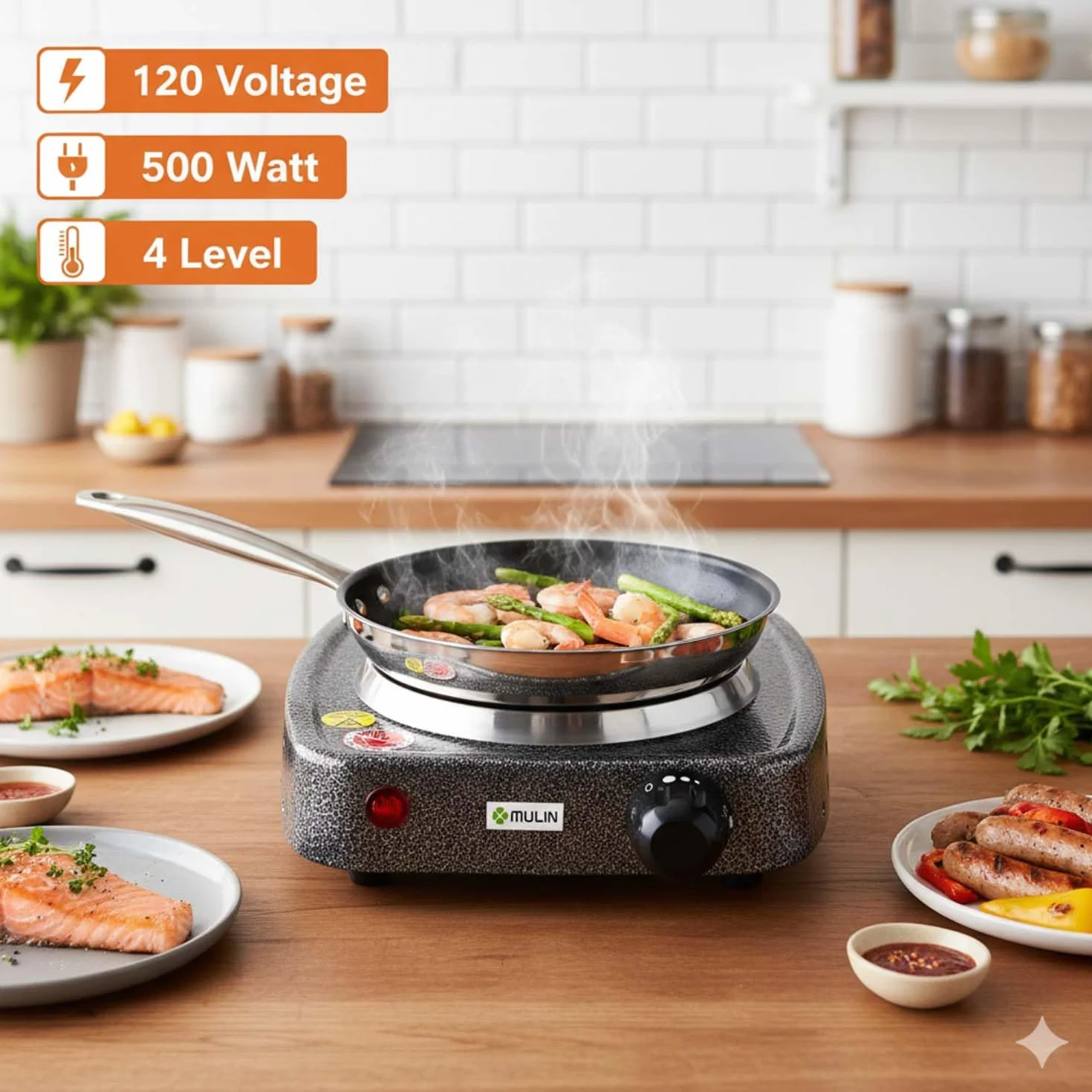MULIN Piastra Elettrica 500W, Fornello Elettrico Compatto Ghisa Ø10,5 cm, da Tavolo Domestico Campeggio
