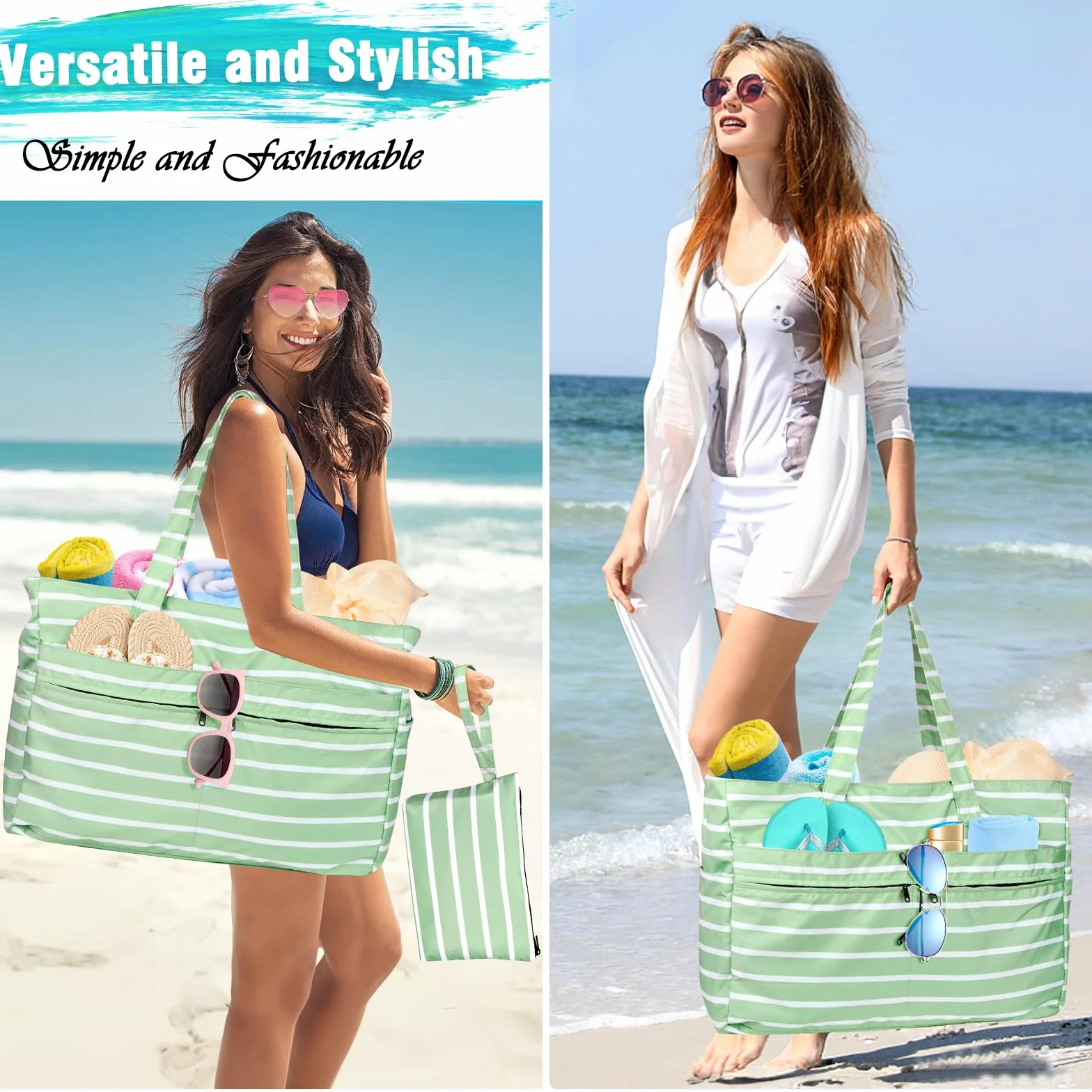 Borsa Mare Donna Grande, Borsa Spiaggia Donna Impermeabile con Zip Borse Mare Grande XXL Famiglia 50L Pieghevole Leggera Borse Beach Tote Bag per Spiaggia, Viaggio, Vacanza, Piscina