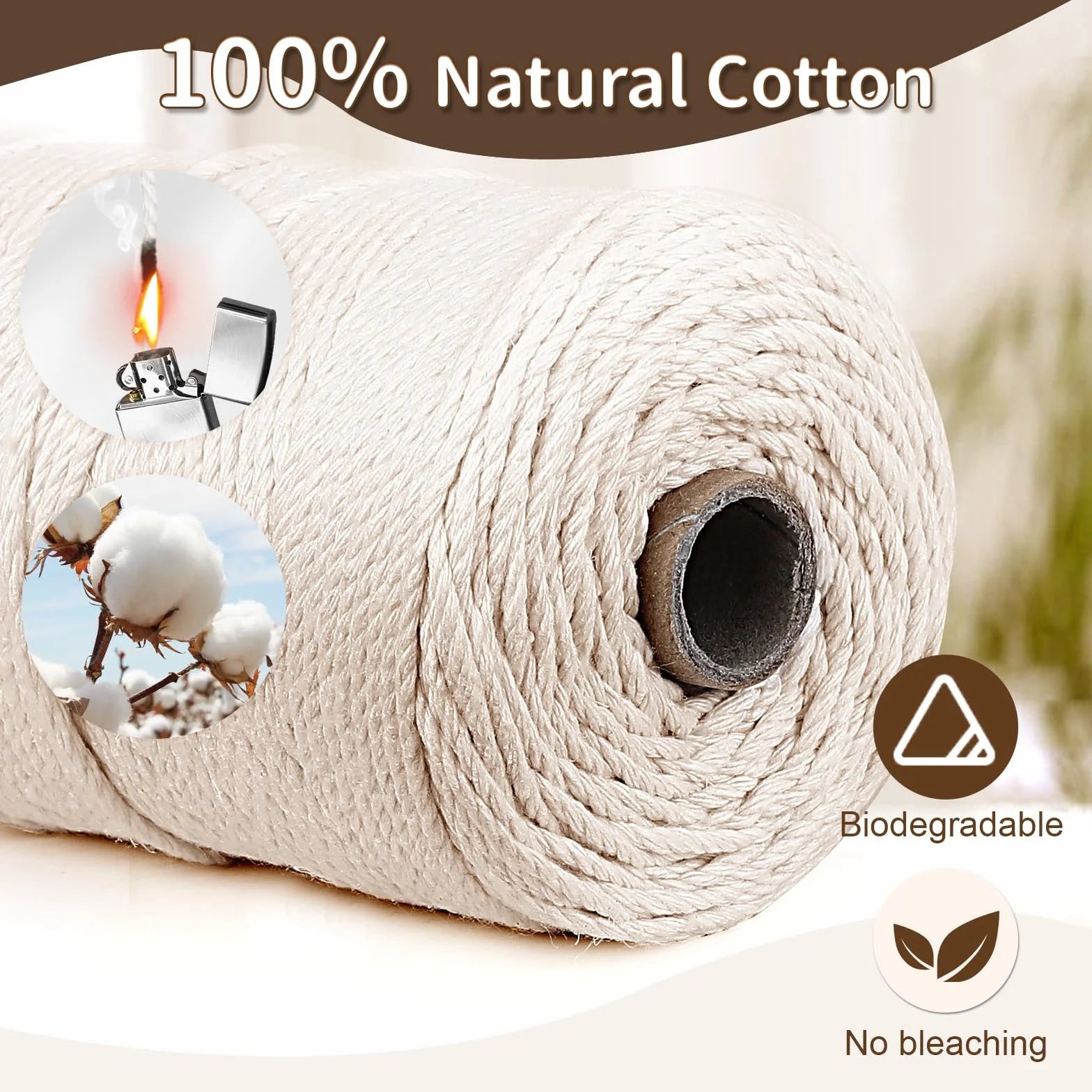 Corda Macrame 2mm x 200m, AiQInu, 100% Cotone Naturale, Beige