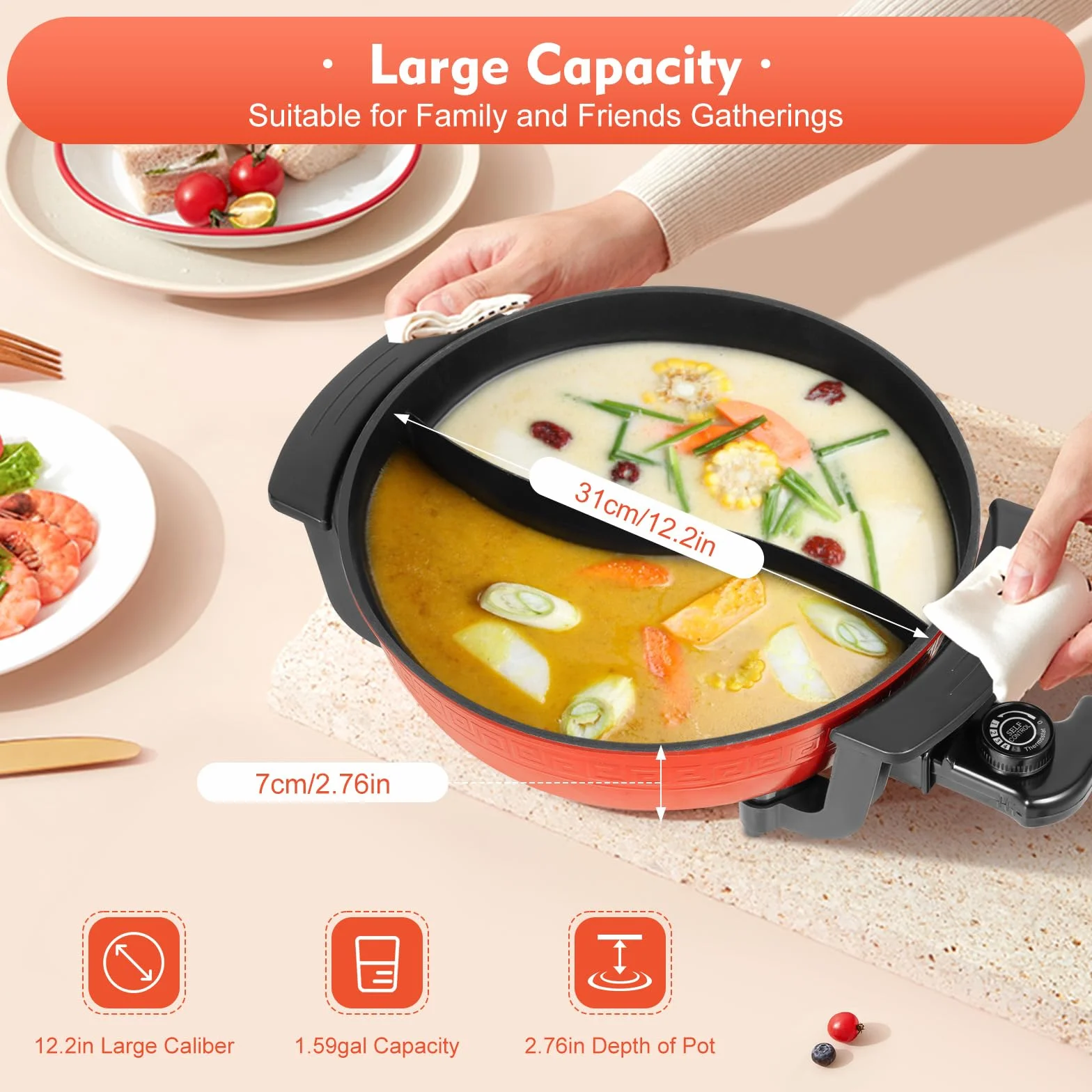 Yin e Yang Fonduta Cinese Hot Pot Elettrico 6L 1360W Divisore Wok Rosso