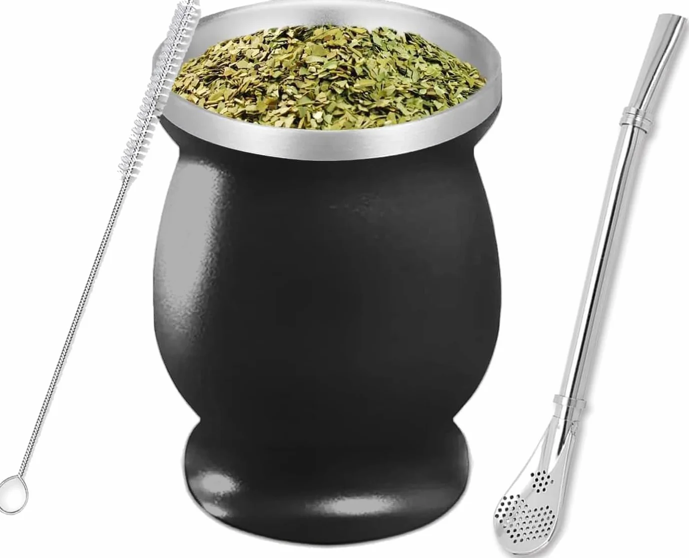 Mate Cup: Zestaw do herbaty Mate z podwójną ścianką, cannuczą i szczotką (czarny)