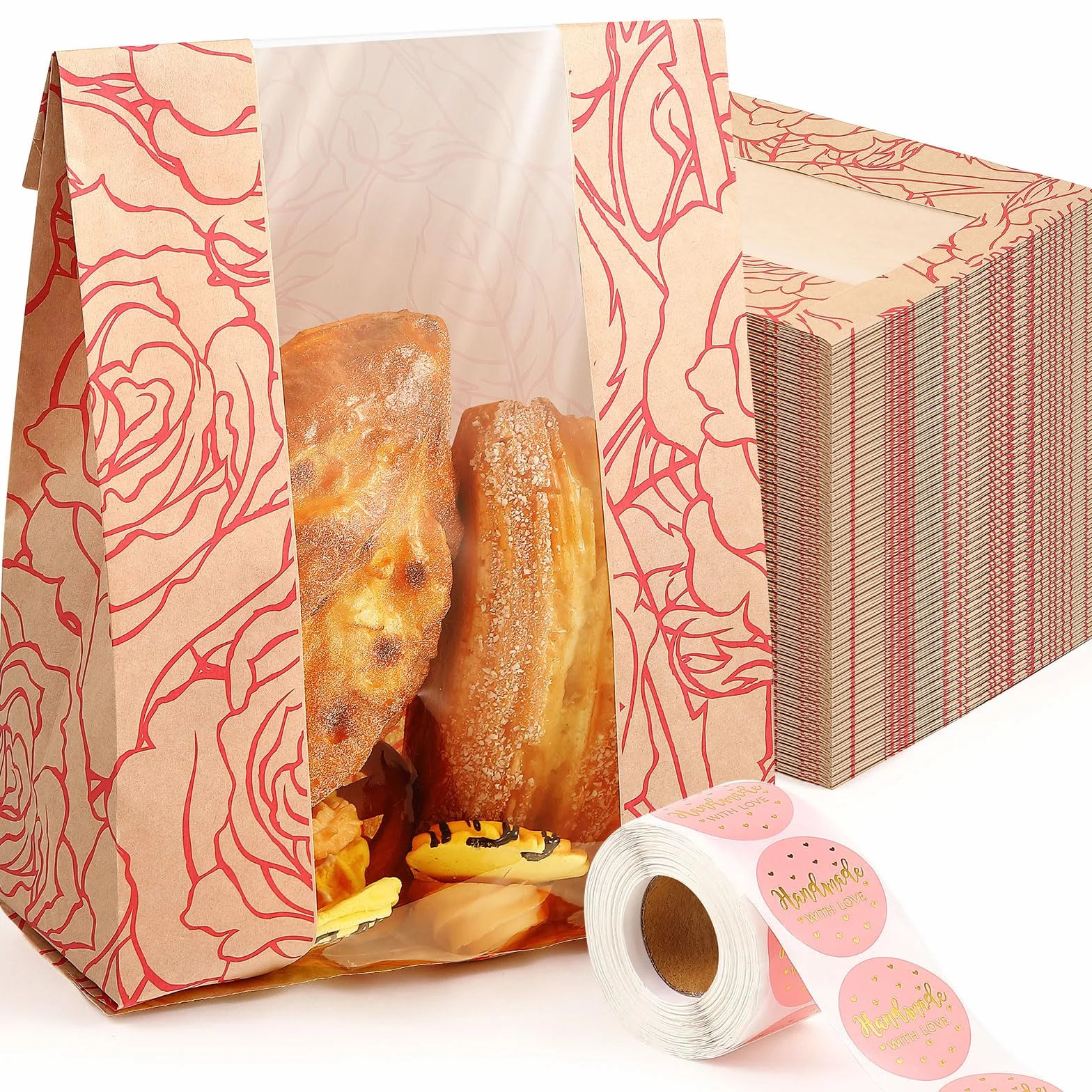 Confezione da 100 sacchetti per pane fatto in casa, in carta kraft, con 500 adesivi per amore, grandi sacchetti di carta da forno con finestra trasparente, per biscotti, 35,6 x 21,1 x 8,1 cm