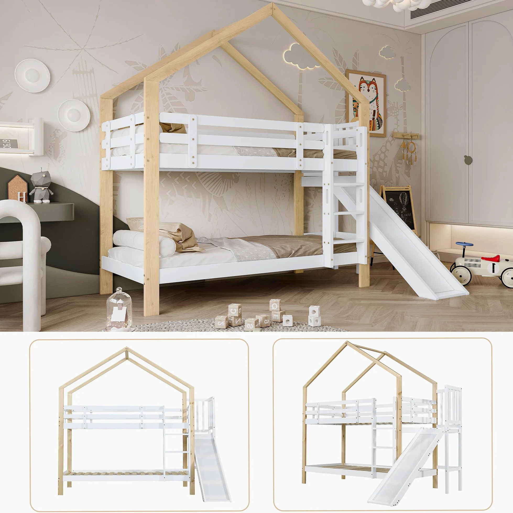 Letto a castello con scivolo e scaletta angolare a tre gradini, letto a casetta con protezione anticaduta, lettino per bambini, telaio letto in legno massello, bianco+naturale, 90x200 cm