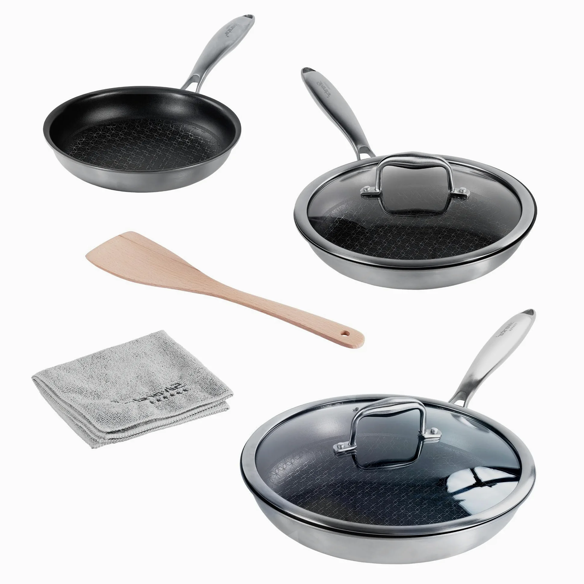Silverstar Set di padelle in acciaio inox, 20/24/28 cm, con coperchio 24/28 cm, spatola a nido d'ape, antigraffio, antiaderente a induzione, struttura a nido d'ape, per tutti i piani cottura, forno,