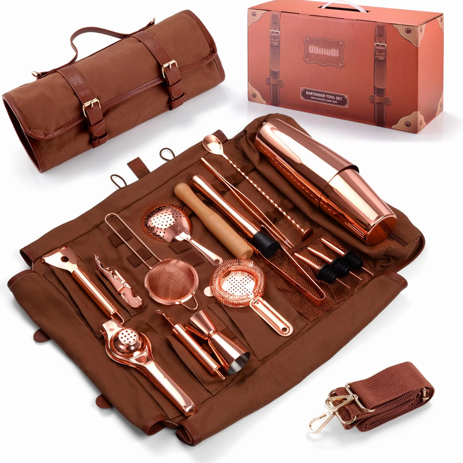 Kit Bartender Professionale di 17 Pezzi, Set Cocktail Shaker, Set Professionale da Bar Portatile per Cocktail, Borsa Kit Bar in Canvas Cerato con Tracolla per Barman, Feste