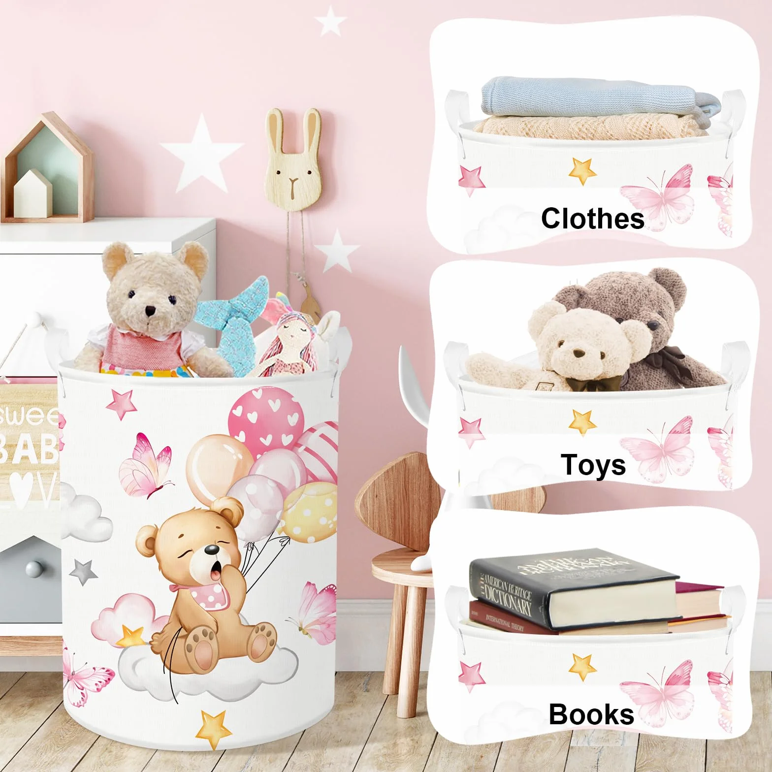 Clastyle Ceste Biancheria Bambini Arcobaleno Cestino Giocattoli Vestiti Impermeabile per Ragazza Cestino Portaoggetti per Bagno Cameretta Bucato, Orso, 36x45 cm