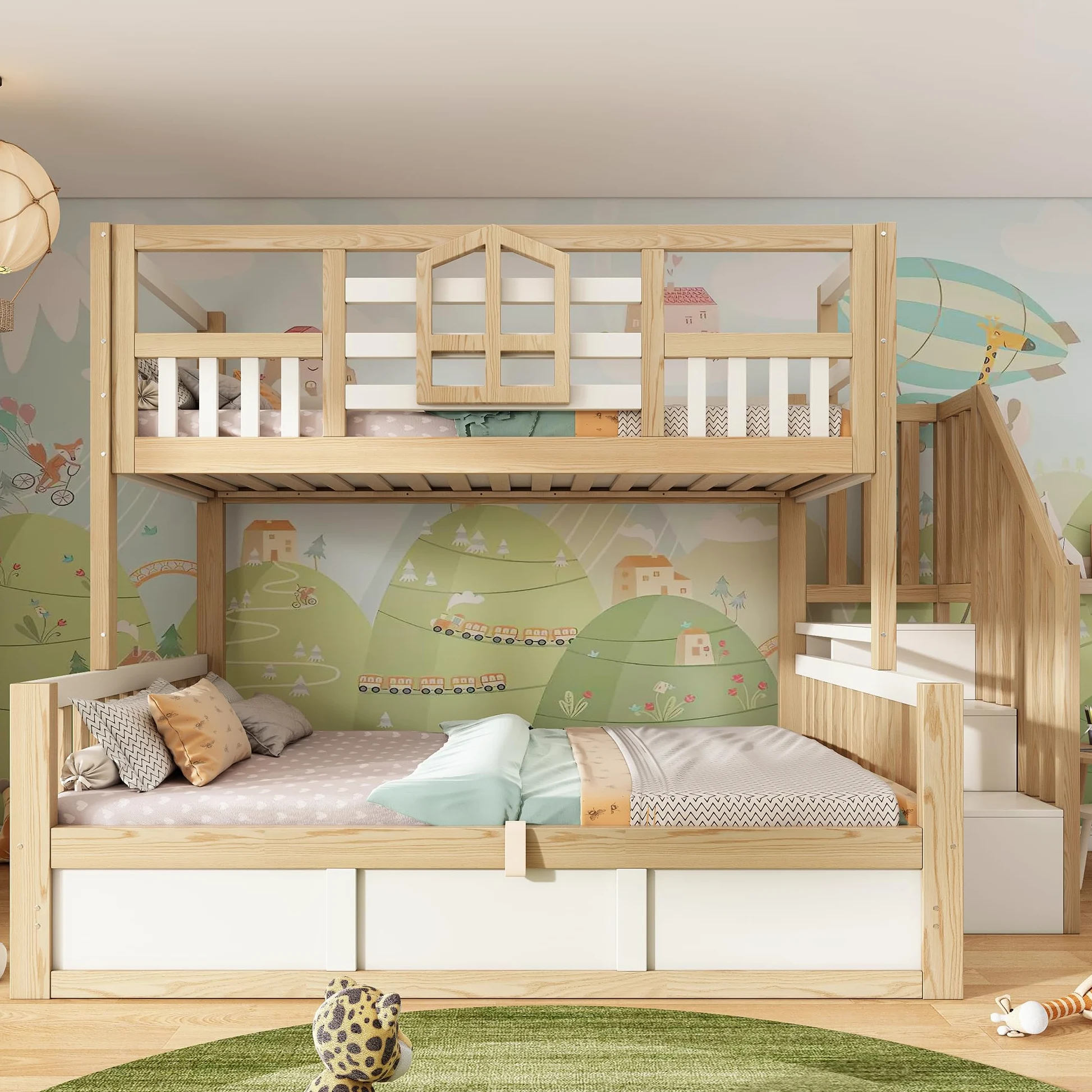 Letto a castello con cassettoni 90x200 cm & 140x200 cm, letto per bambini in stile baita con spazio di archiviazione, scala, protezione rialzata, in pino (J, 90x200cm&140x200cm)