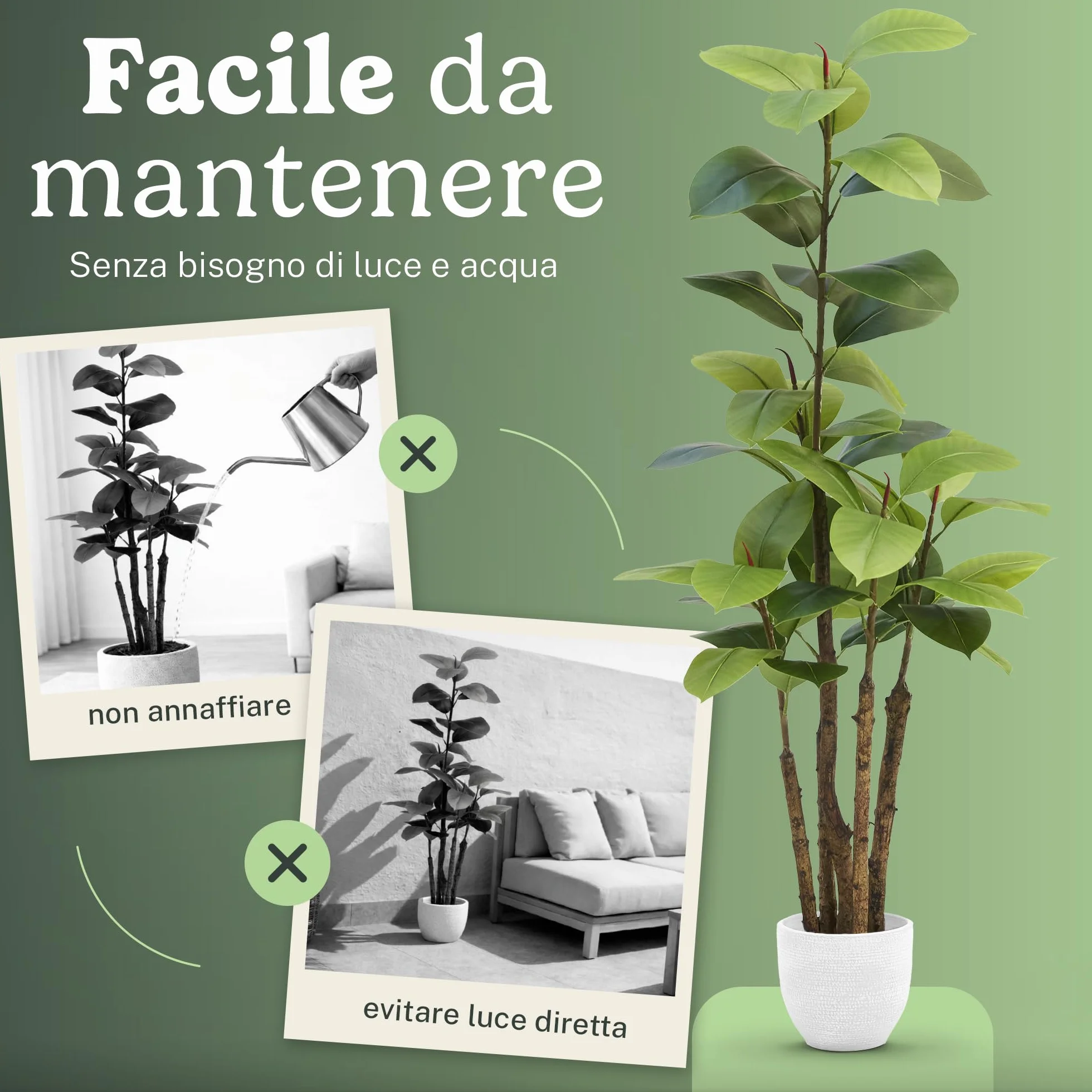 Ficus artificiale 180 cm, pianta finta grande da interno Ficus Elastica iperrealistica, albero decorativo