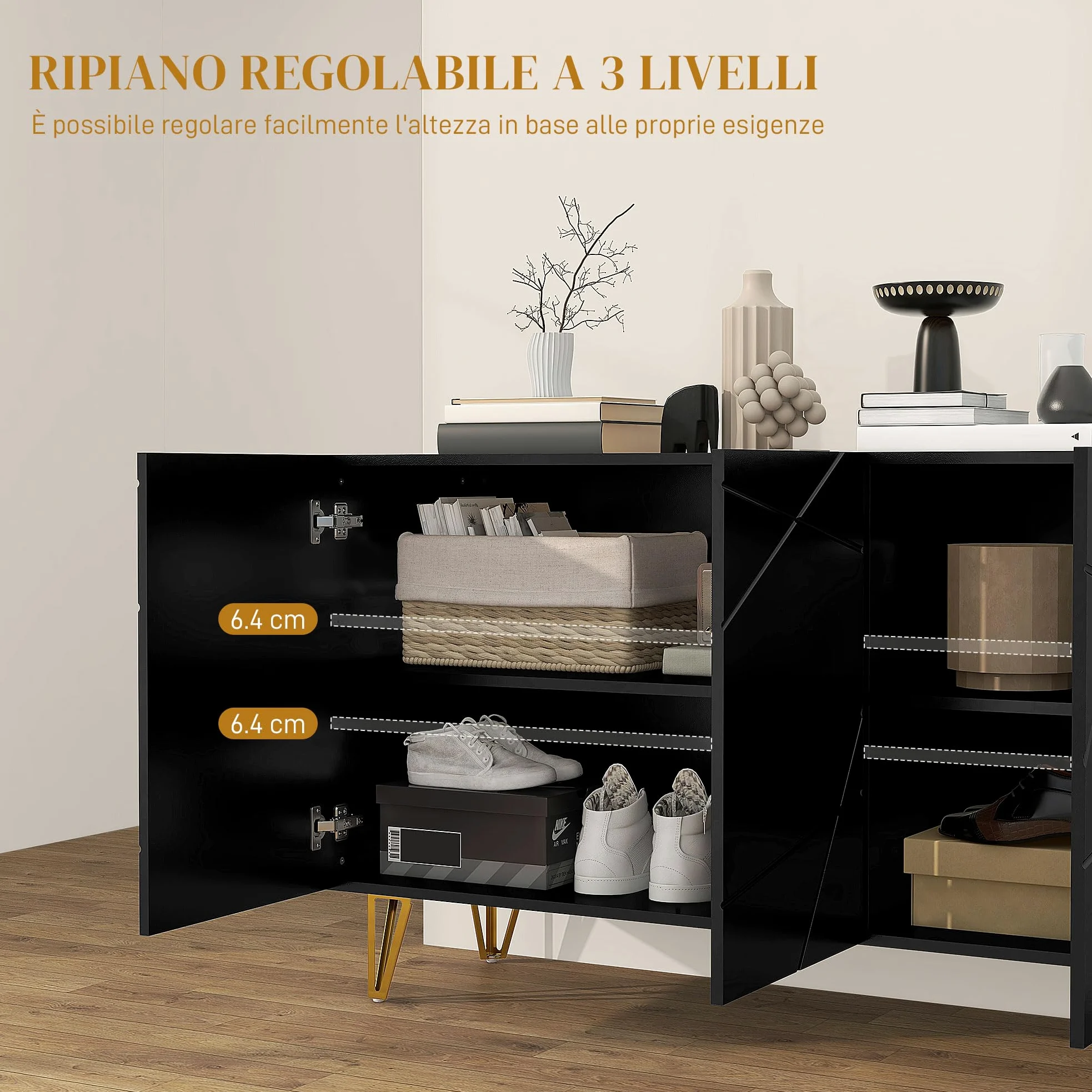HOMCOM Mobile Contenitore con 2 Armadietti e Ripiano Regolabile a 3 Livelli, Credenza Moderna con Gambe in Metallo, 120x40x75 cm, Nero e Oro