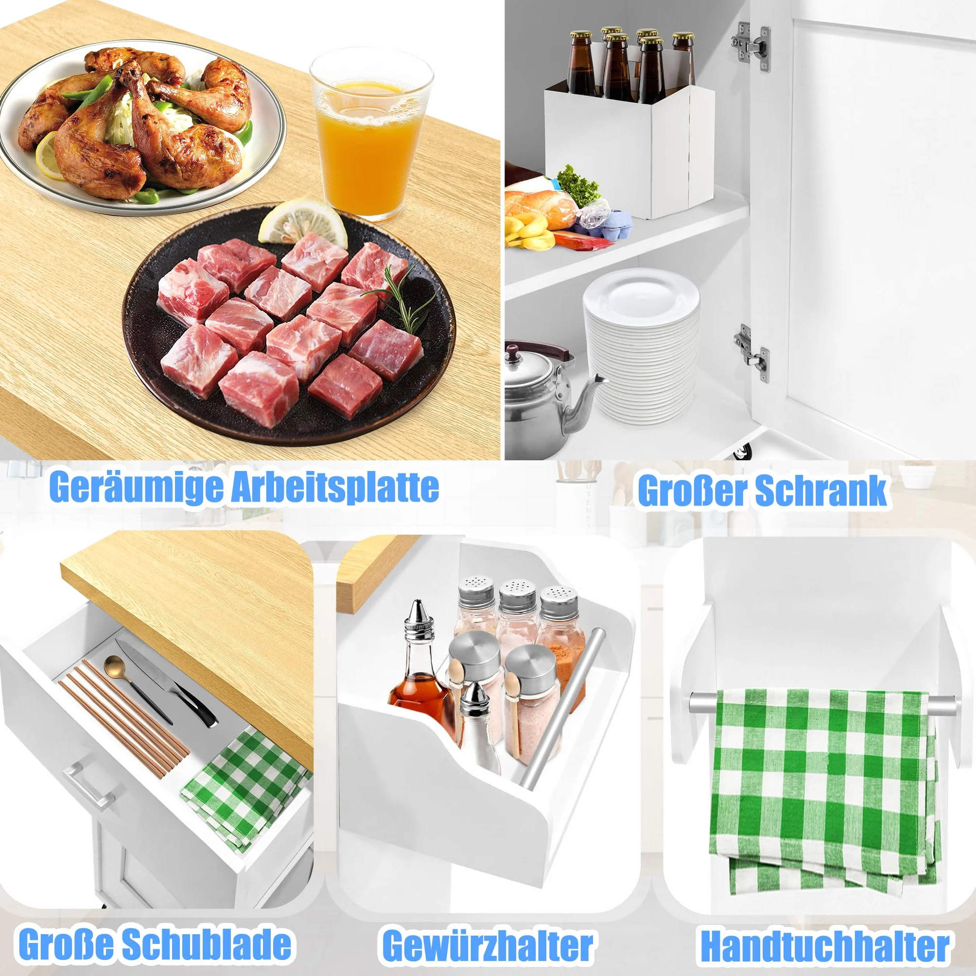 UISEBRT Carrello da cucina con piano di lavoro, isola da cucina in legno, mobile da cucina su ruote, carrello da portata con cassetto e ripiano, carrello da cucina in stile rustico, bianco